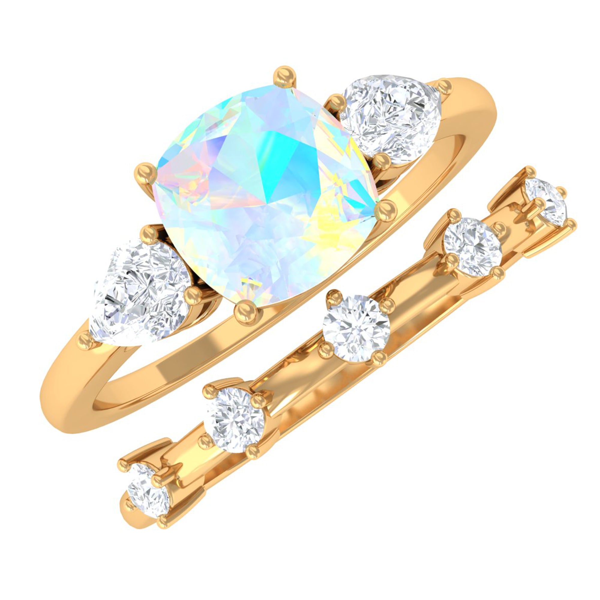 Cushion Cut Real Ethiopian Opal Ring Set with Moissanite Ethiopian Opal - ( AAA ) - Quality - Rosec Jewels