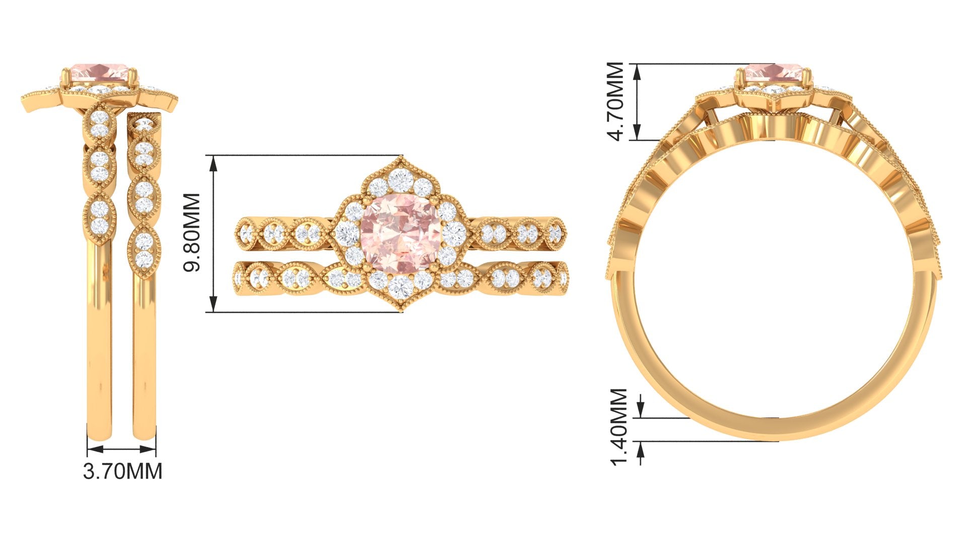 Real Morganite Flower Ring Set with Diamond Morganite - ( AAA ) - Quality - Rosec Jewels