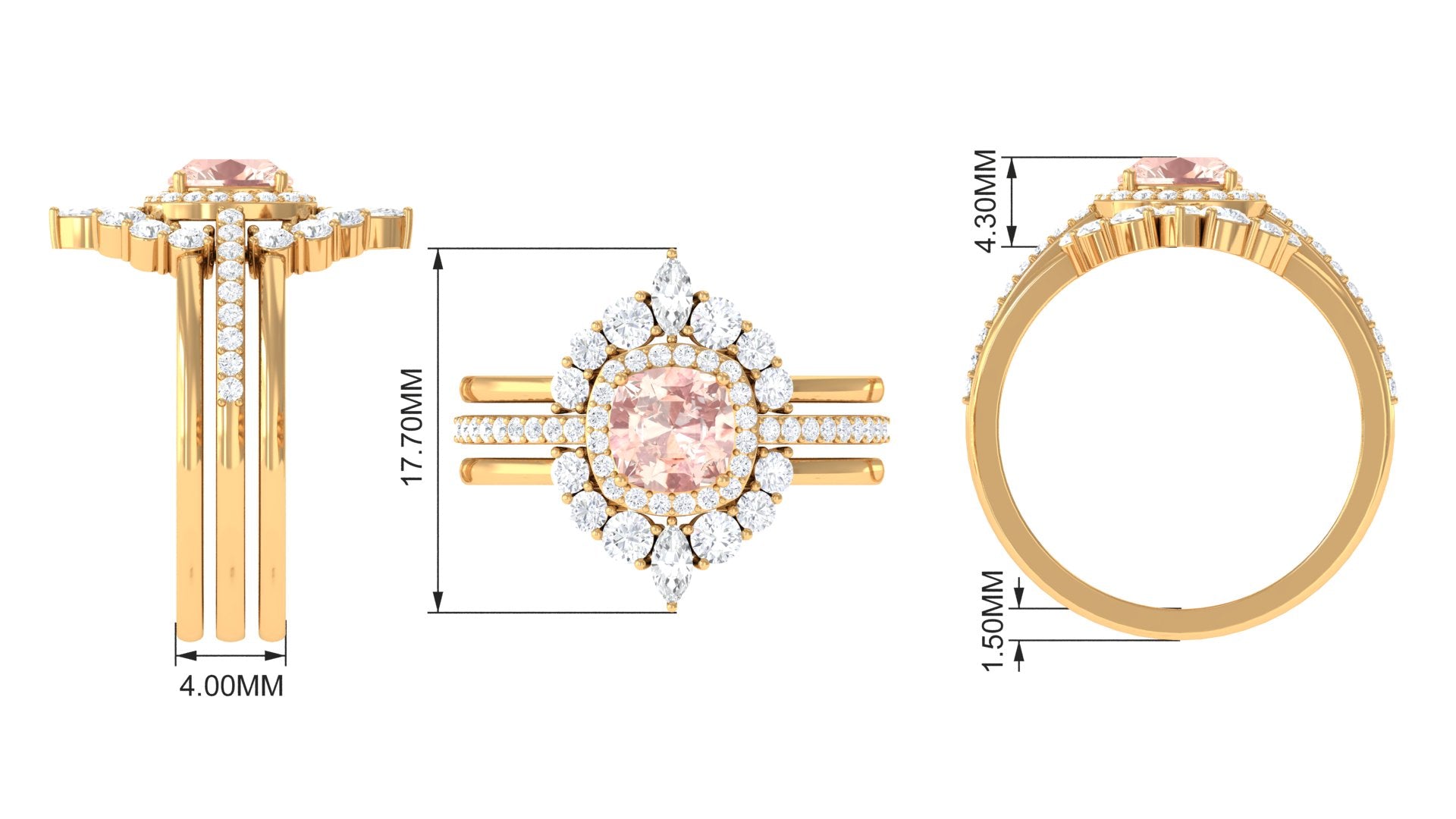 Cushion Cut Morganite Wedding Ring Set with Moissanite Morganite - ( AAA ) - Quality - Rosec Jewels