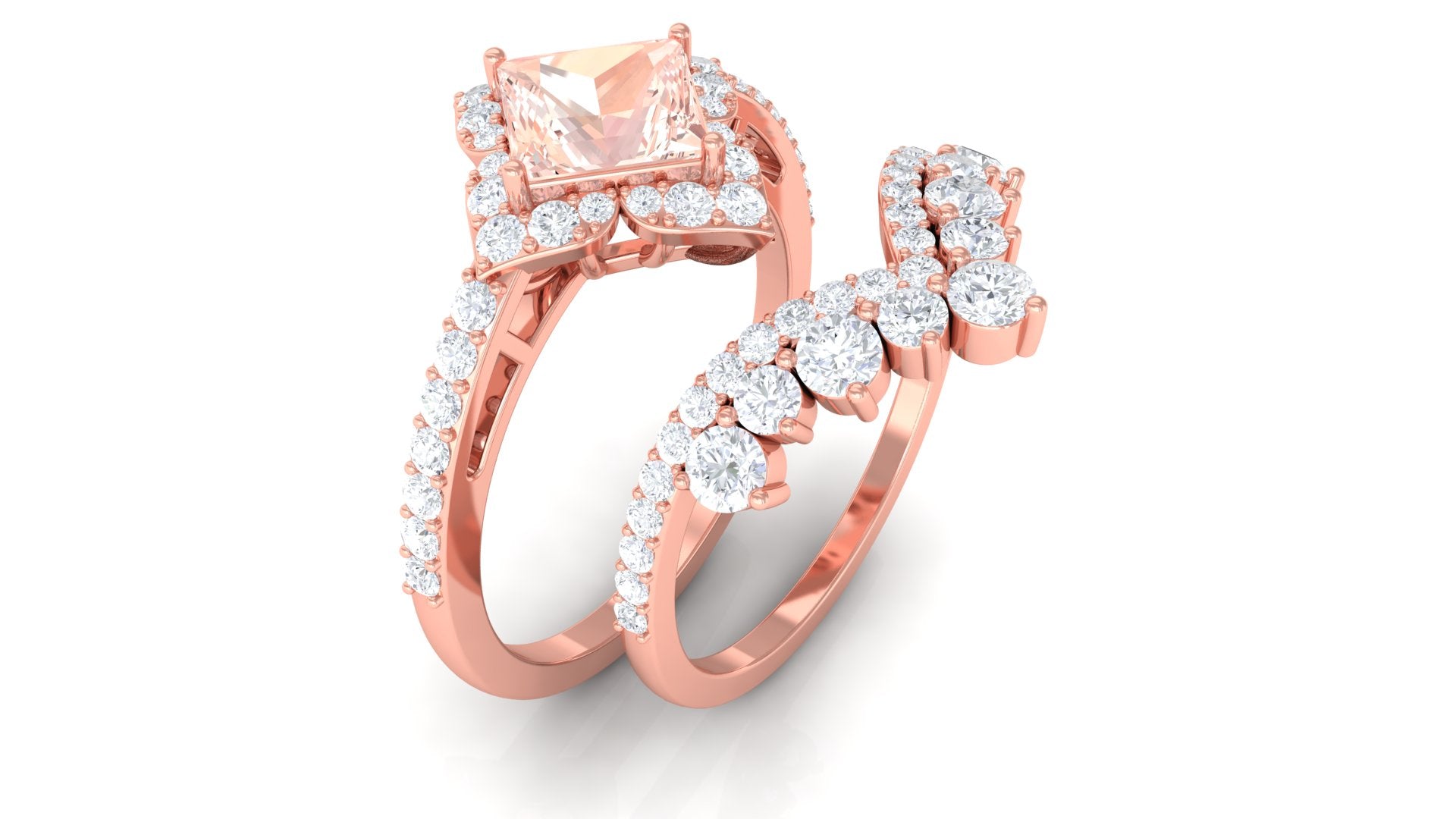 2.5 CT Morganite and Moissanite Statement Wedding Ring Set Morganite - ( AAA ) - Quality - Rosec Jewels