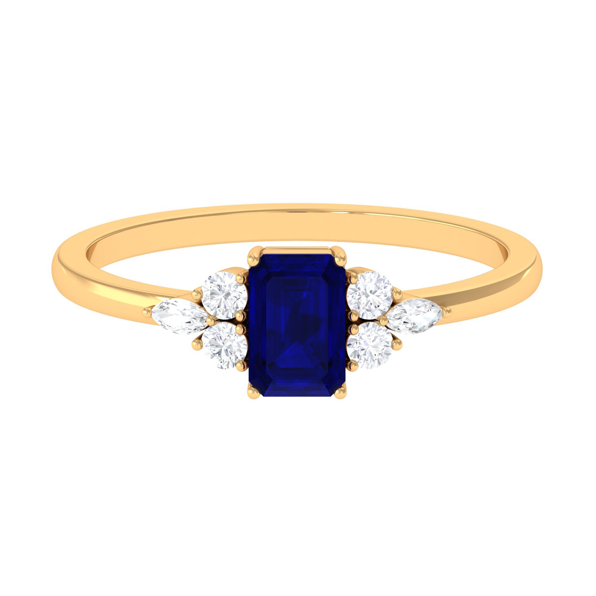 Emerald Cut Blue Sapphire Solitaire Ring with Diamond Trio Blue Sapphire - ( AAA ) - Quality - Rosec Jewels