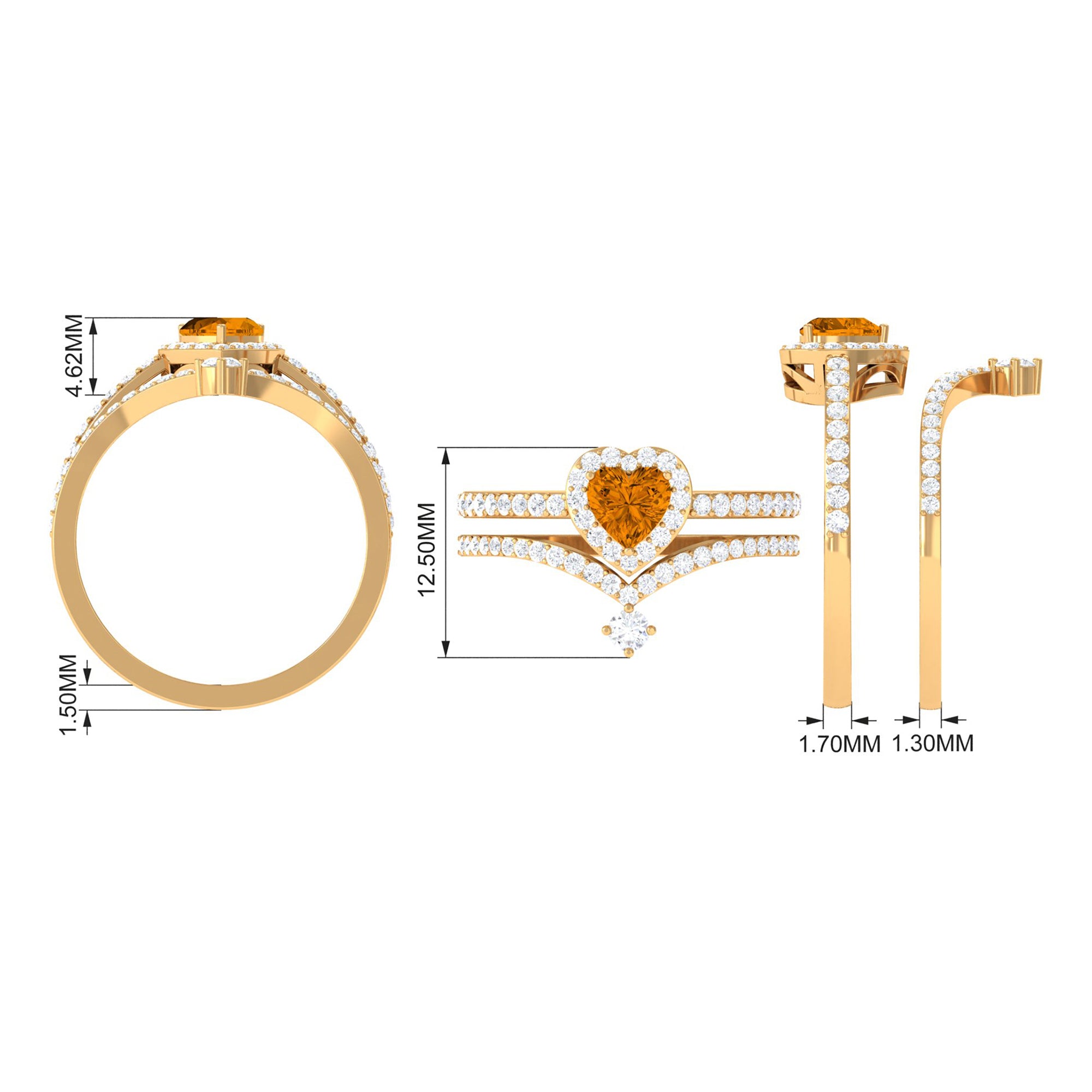 Heart Shape Natural Citrine Ring Set with Moissanite Citrine - ( AAA ) - Quality - Rosec Jewels