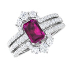 Octagon Cut Rhodolite Solitaire Trio Ring Set with Moissanite Rhodolite - ( AAA ) - Quality - Rosec Jewels