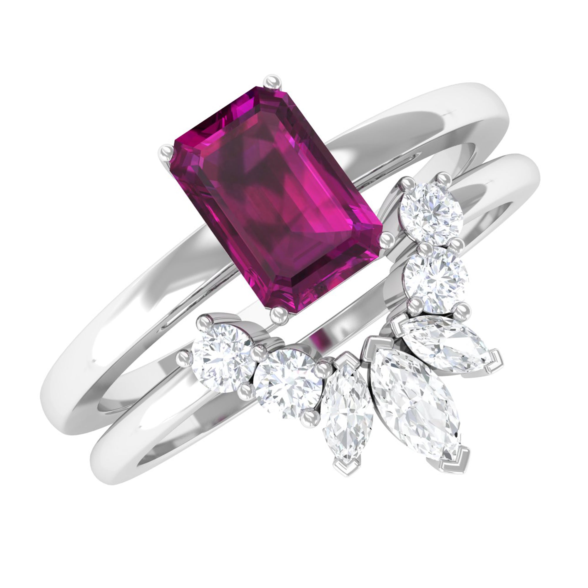 1 CT Emerald Cut Rhodolite Wedding Ring Set with Diamond Rhodolite - ( AAA ) - Quality - Rosec Jewels