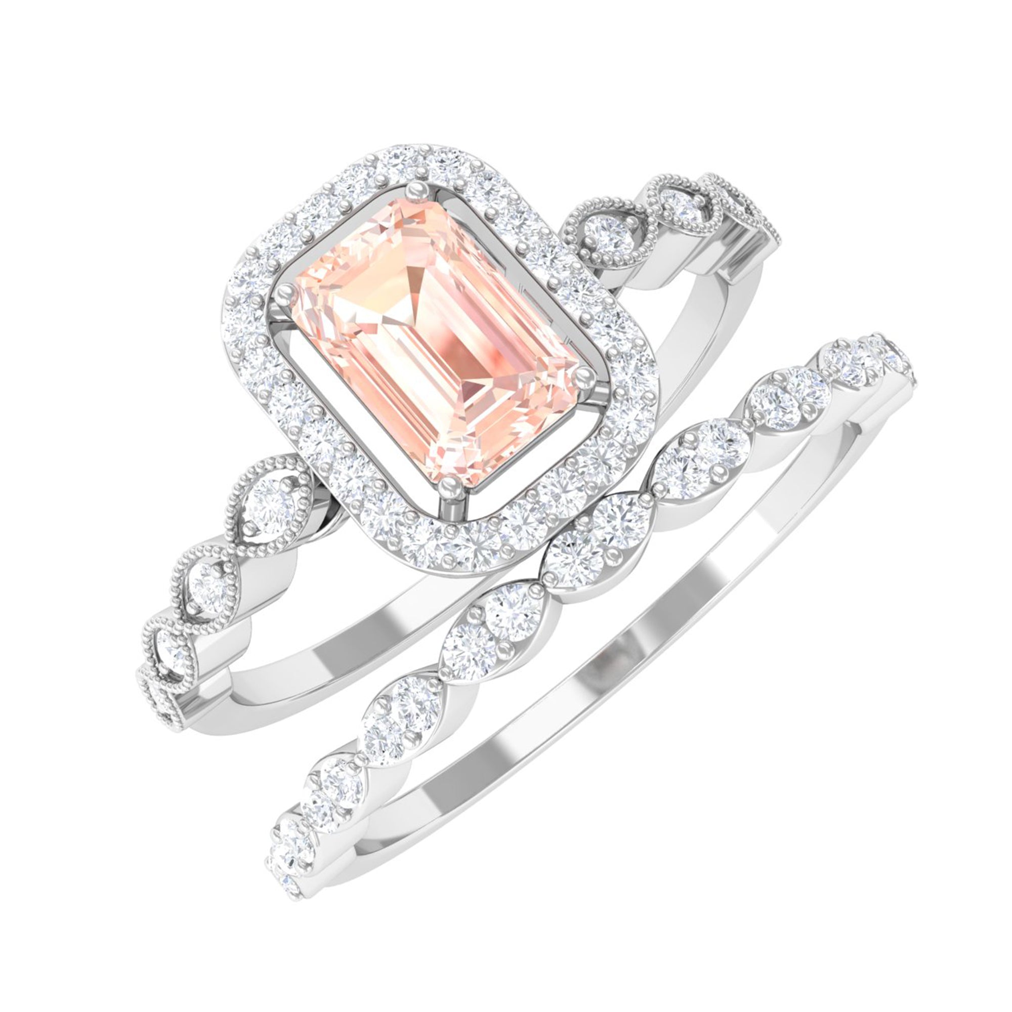 Emerald Cut Morganite and Diamond Designer Ring Set Morganite - ( AAA ) - Quality - Rosec Jewels