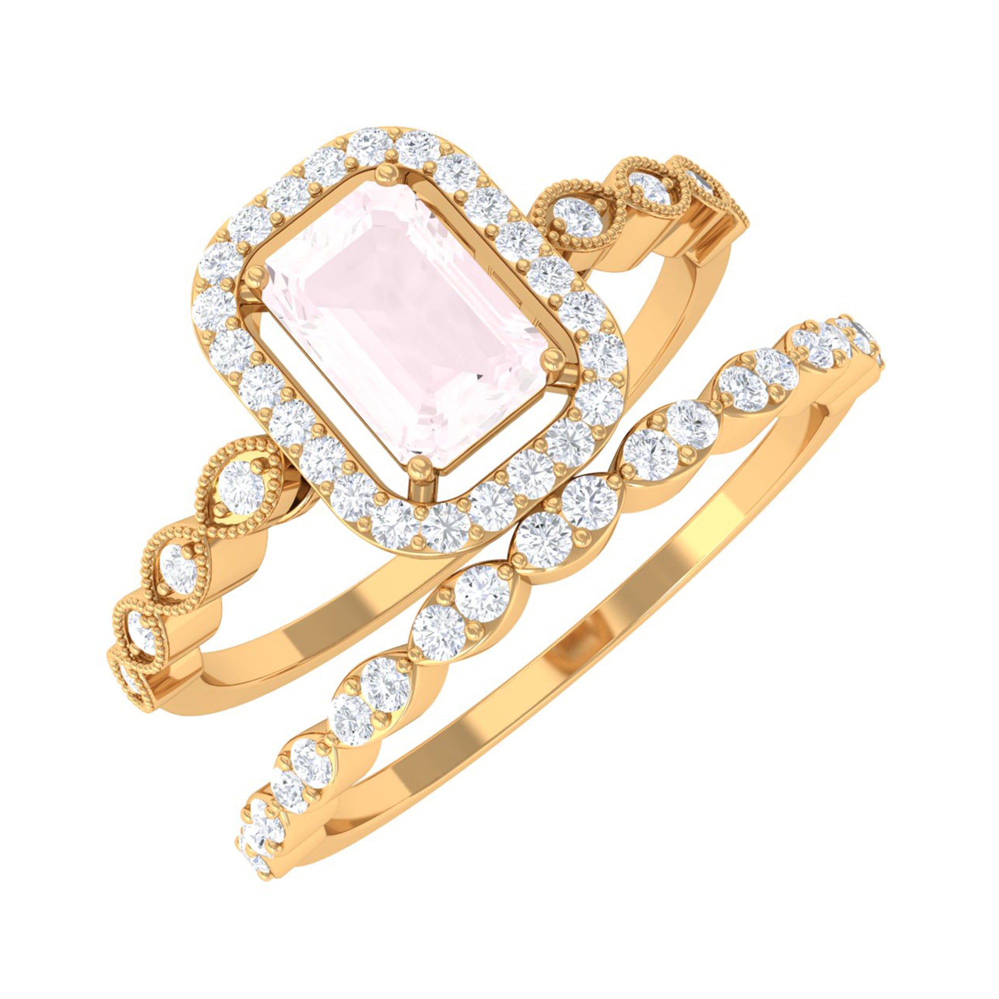 Octagon Cut Rose Quartz and Diamond Designer Ring Set Rose Quartz - ( AAA ) - Quality - Rosec Jewels