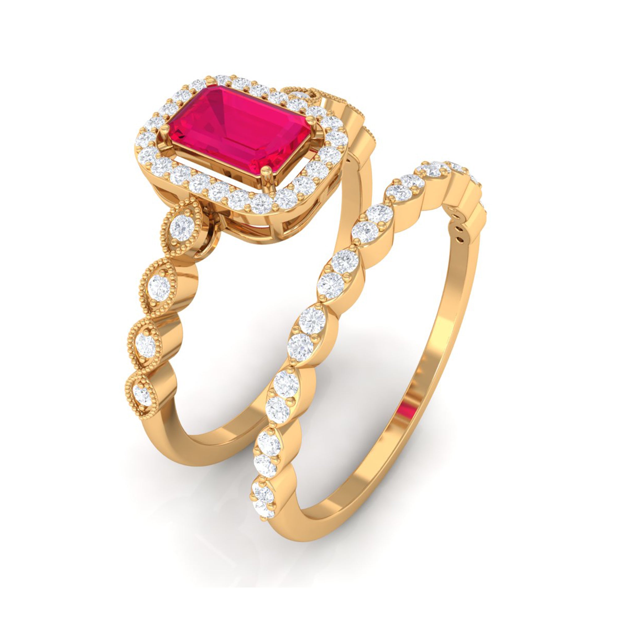 Octagon Cut Ruby and Diamond Designer Ring Set Ruby - ( AAA ) - Quality - Rosec Jewels