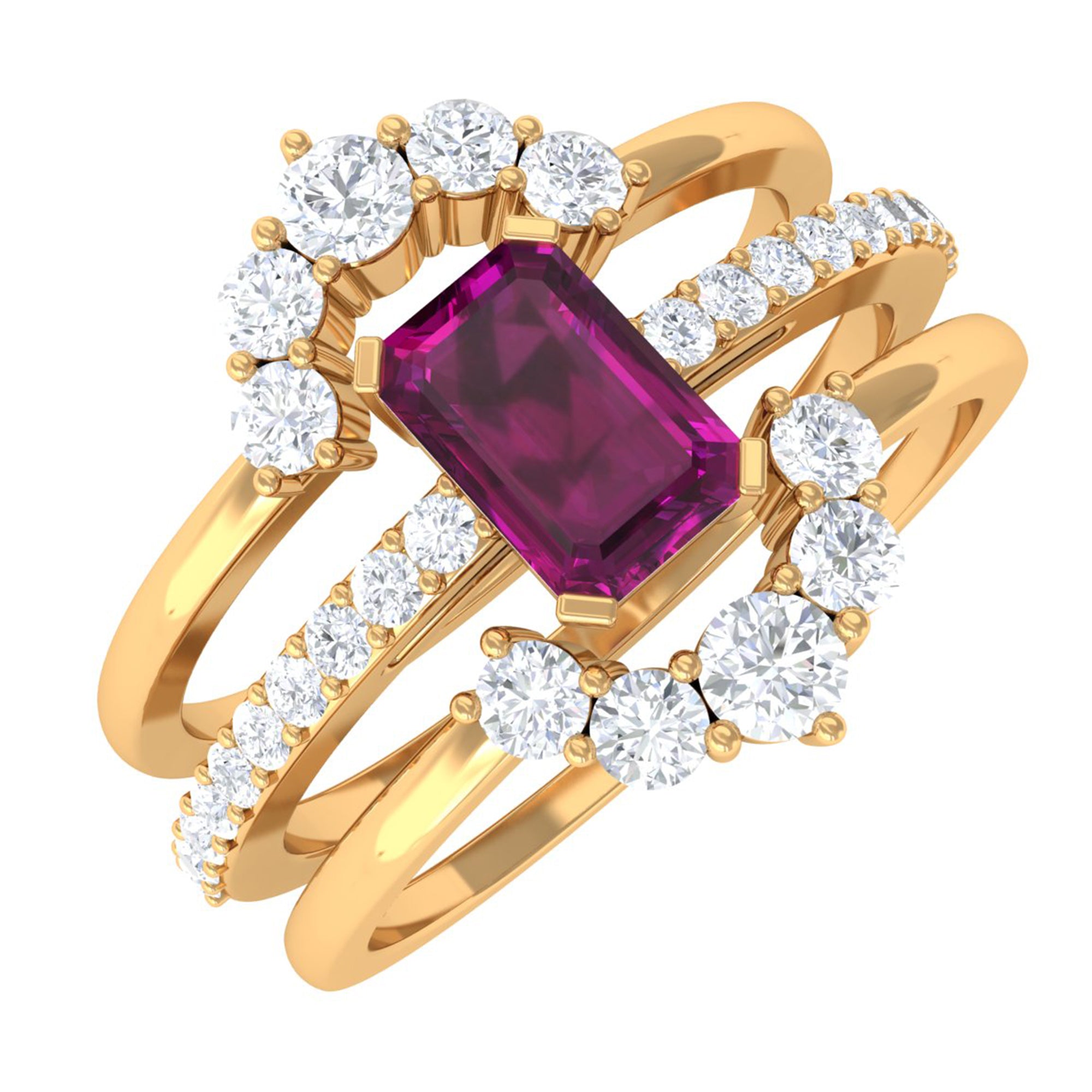 2.50 CT Real Rhodolite Solitaire Trio Ring Set with Moissanite Rhodolite - ( AAA ) - Quality - Rosec Jewels