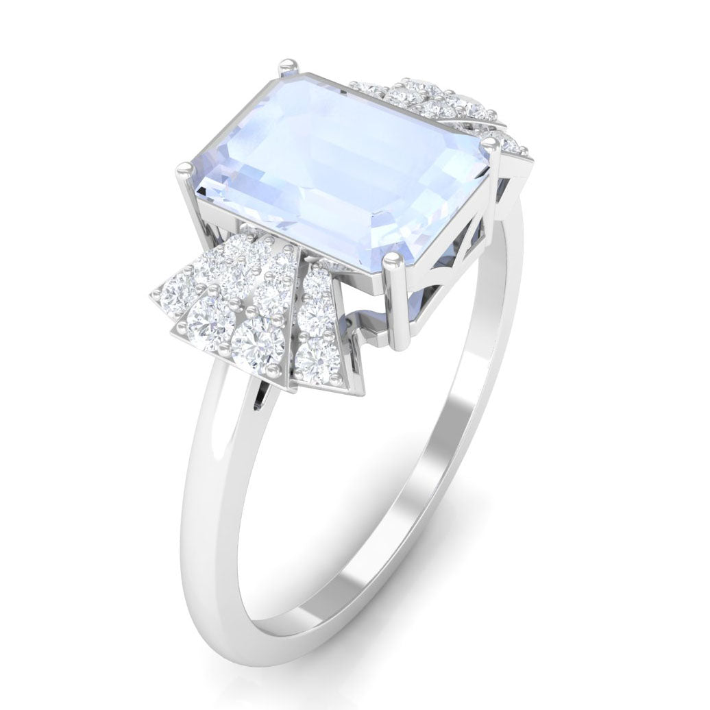 Emerald Cut Moonstone Designer Solitaire Ring with Diamond Moonstone - ( AAA ) - Quality - Rosec Jewels