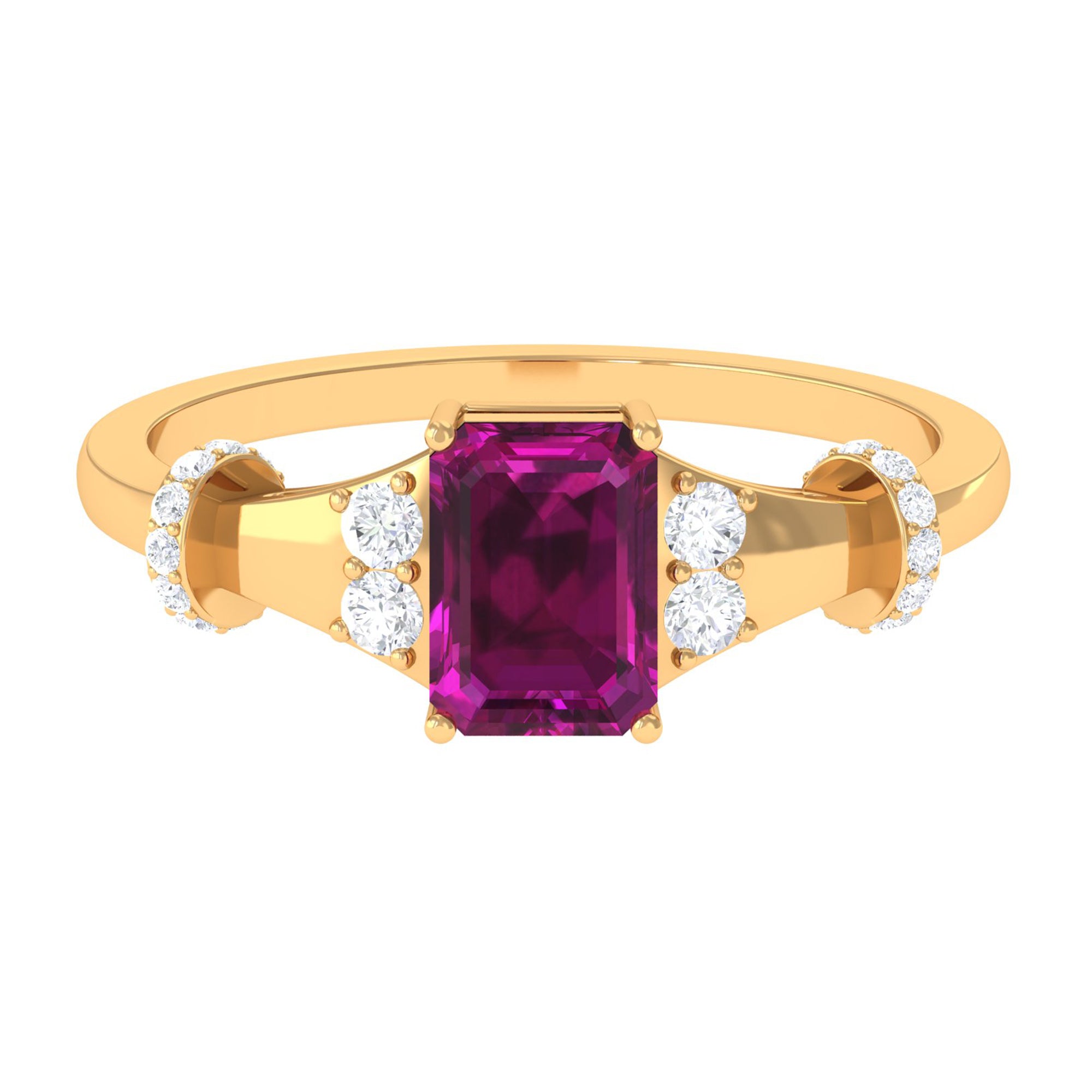 Emerald Cut Solitaire Rhodolite Ring with Diamond Rhodolite - ( AAA ) - Quality - Rosec Jewels