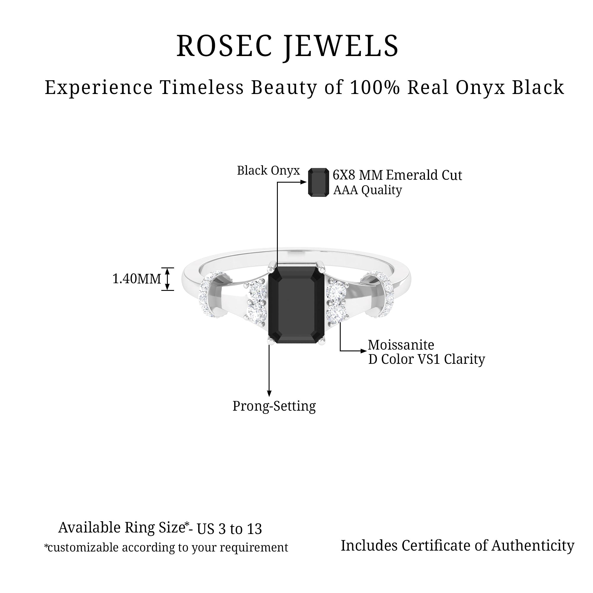 Rosec Jewels-Emerald Cut Black Onyx Solitaire Ring with Moissanite