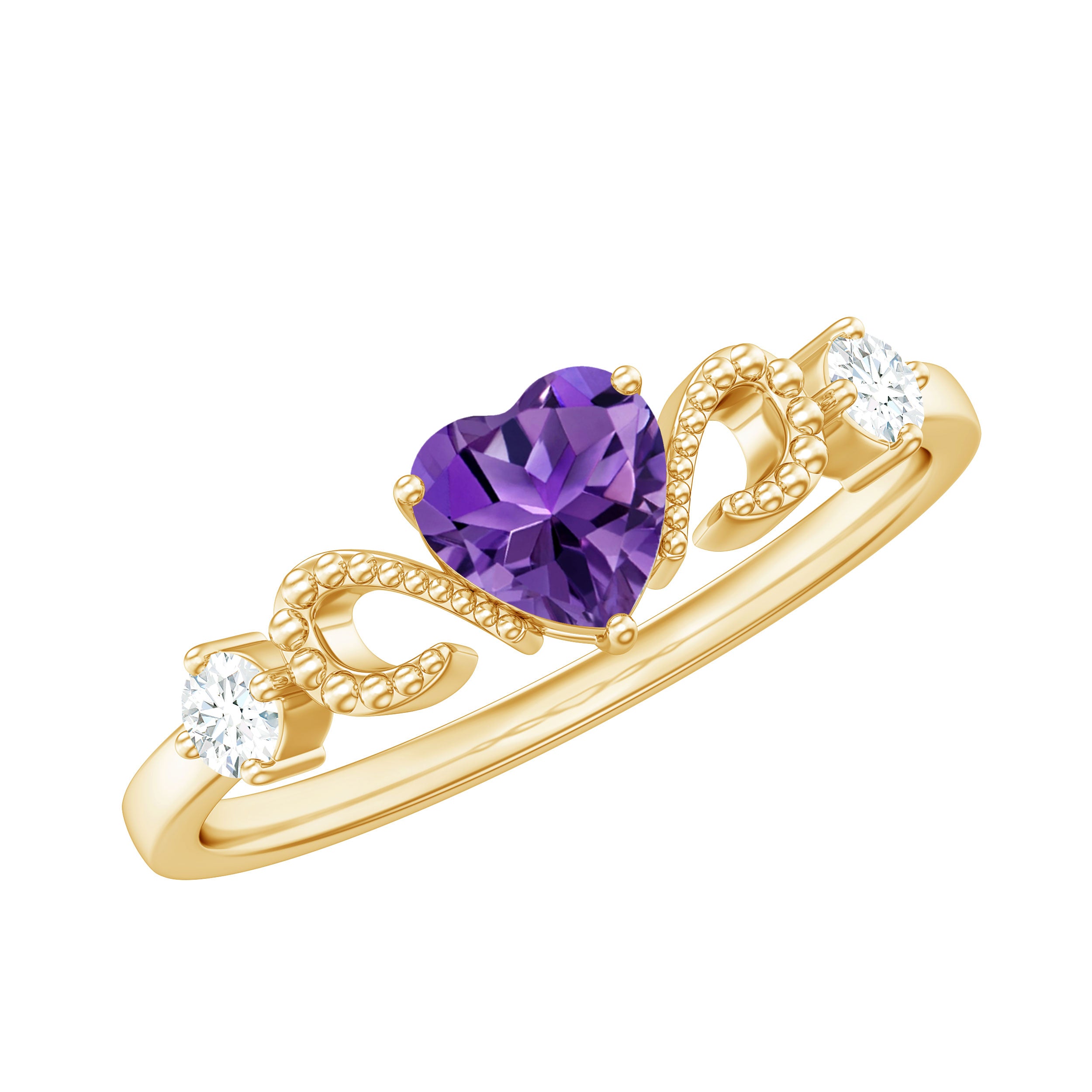 Real Amethyst Heart Promise Ring with Diamond Amethyst - ( AAA ) - Quality - Rosec Jewels