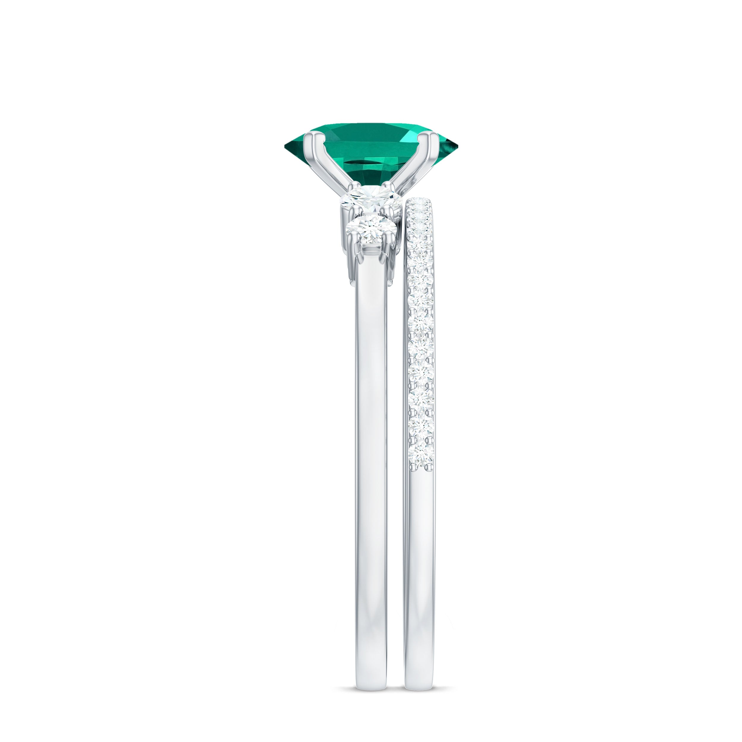 Oval Created Emerald Solitaire Ring Set with Diamond Lab Created Emerald - ( AAAA ) - Quality - Rosec Jewels