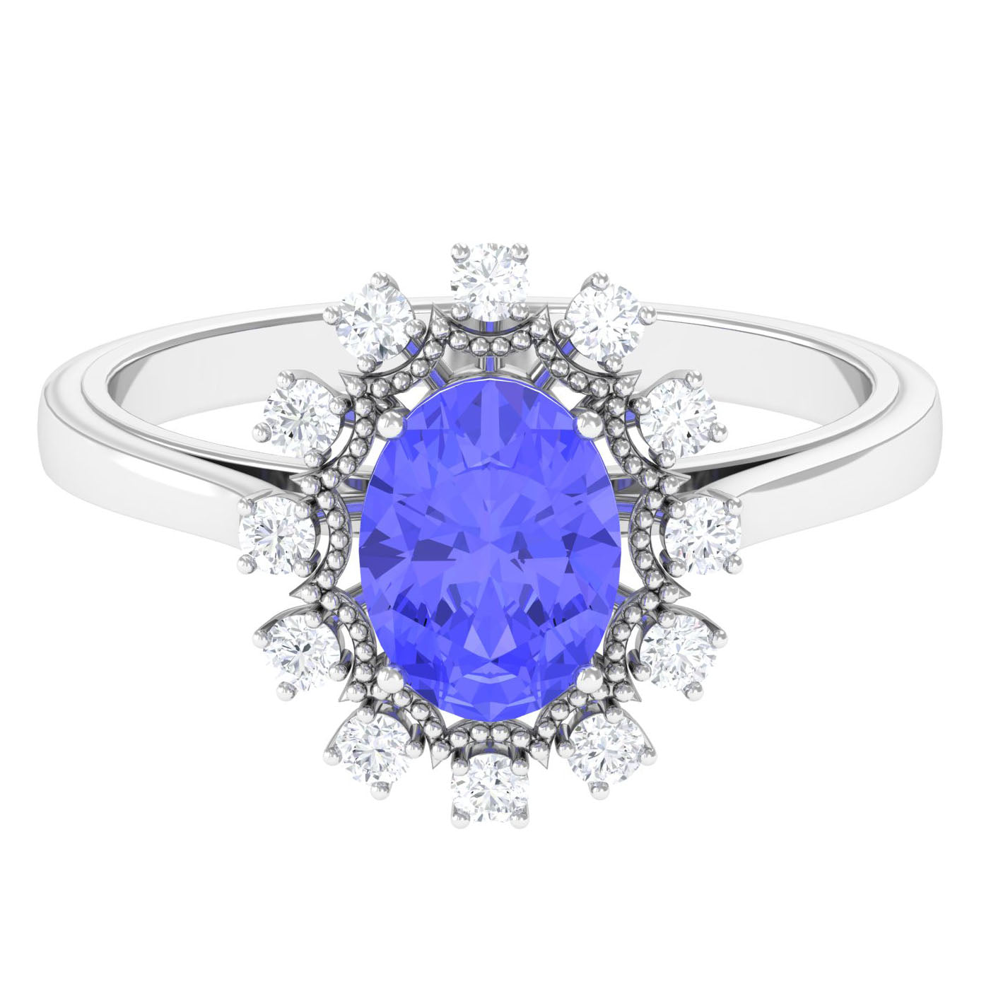 Vintage Inspired Oval Tanzanite and Diamond Halo Ring Tanzanite - ( AAA ) - Quality - Rosec Jewels