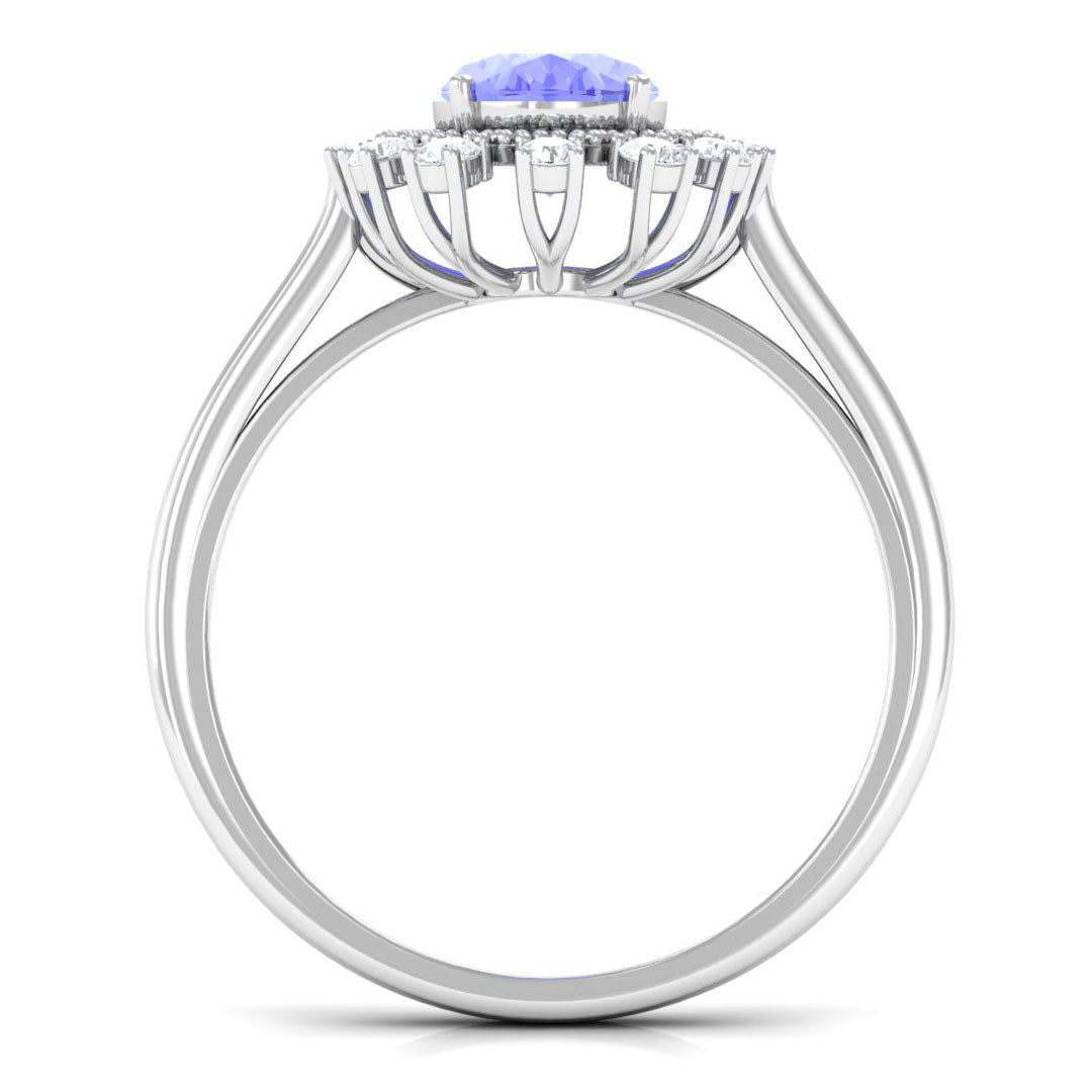 Vintage Inspired Oval Tanzanite and Diamond Halo Ring Tanzanite - ( AAA ) - Quality - Rosec Jewels