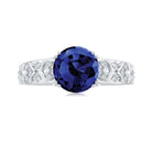 Round Created Blue Sapphire Floral Engagement Ring with Diamond Lab Created Blue Sapphire - ( AAAA ) - Quality - Rosec Jewels