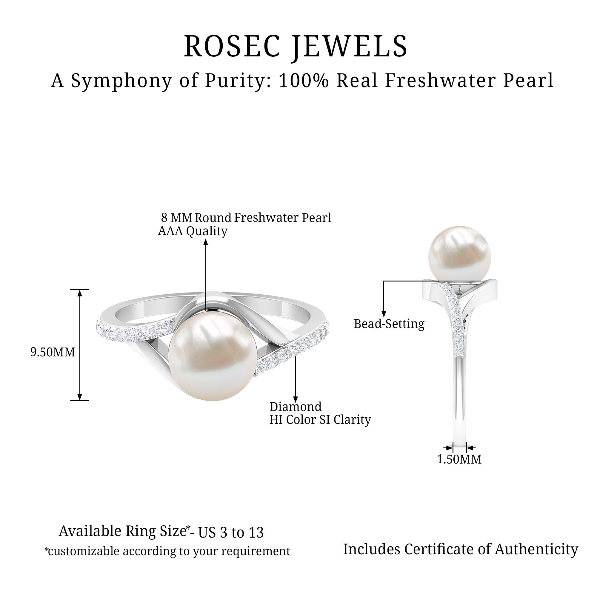 Freshwater Pearl and Diamond Classic Engagement Ring Freshwater Pearl - ( AAA ) - Quality - Rosec Jewels