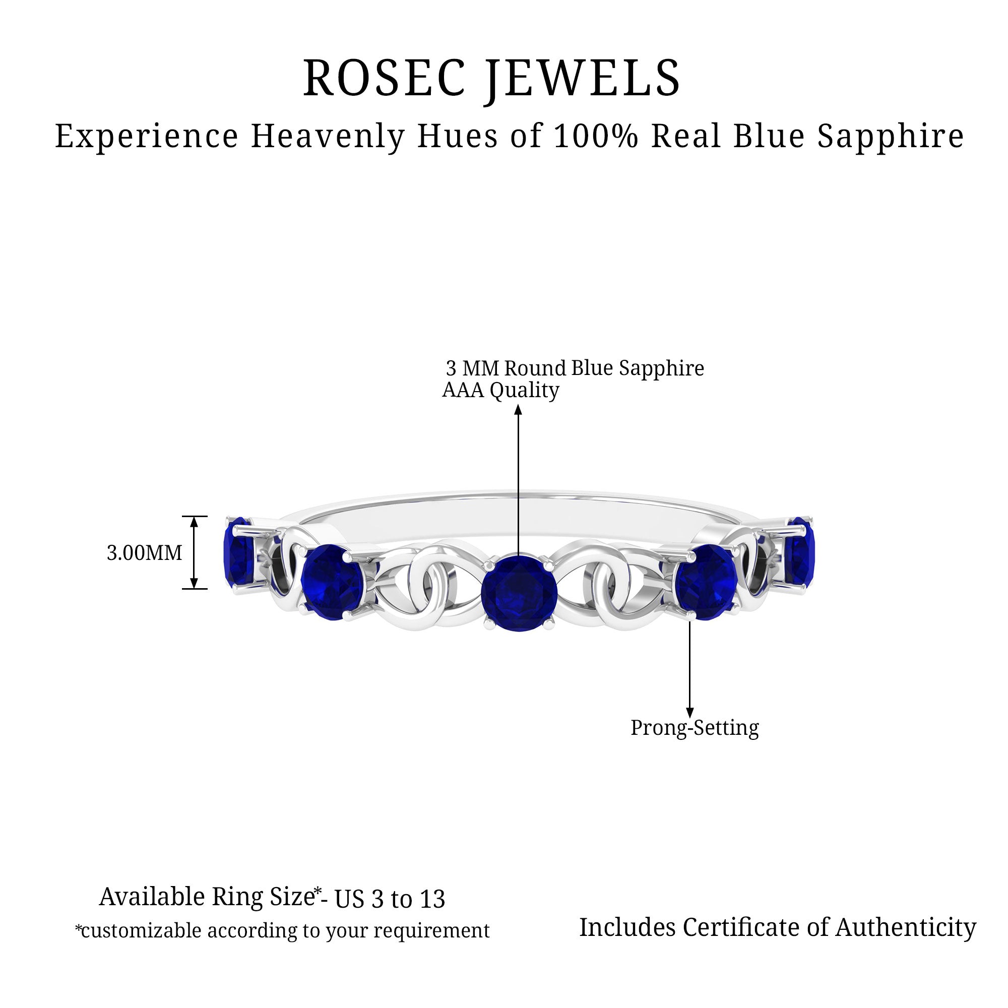 1 CT Round Blue Sapphire Gold Interlock Half Eternity Ring Blue Sapphire - ( AAA ) - Quality - Rosec Jewels