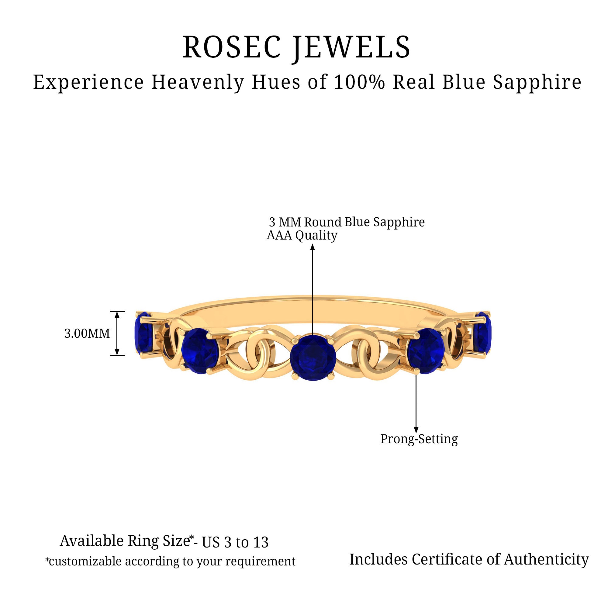 1 CT Round Blue Sapphire Gold Interlock Half Eternity Ring Blue Sapphire - ( AAA ) - Quality - Rosec Jewels