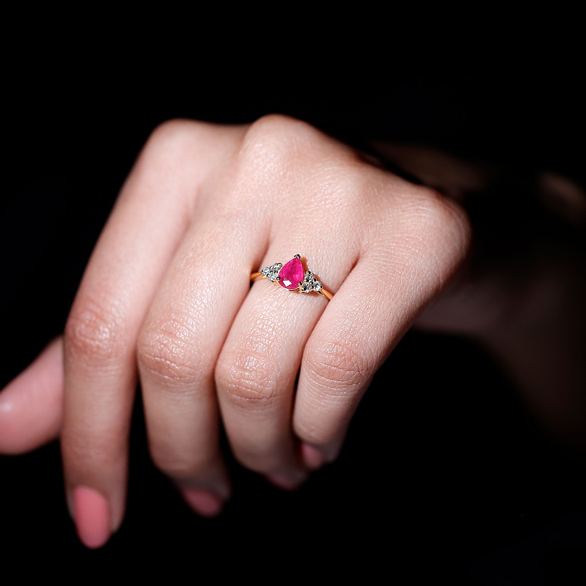 Claw Set Pear Cut Ruby Engagement Ring with Diamond Trio Ruby - ( AAA ) - Quality - Rosec Jewels