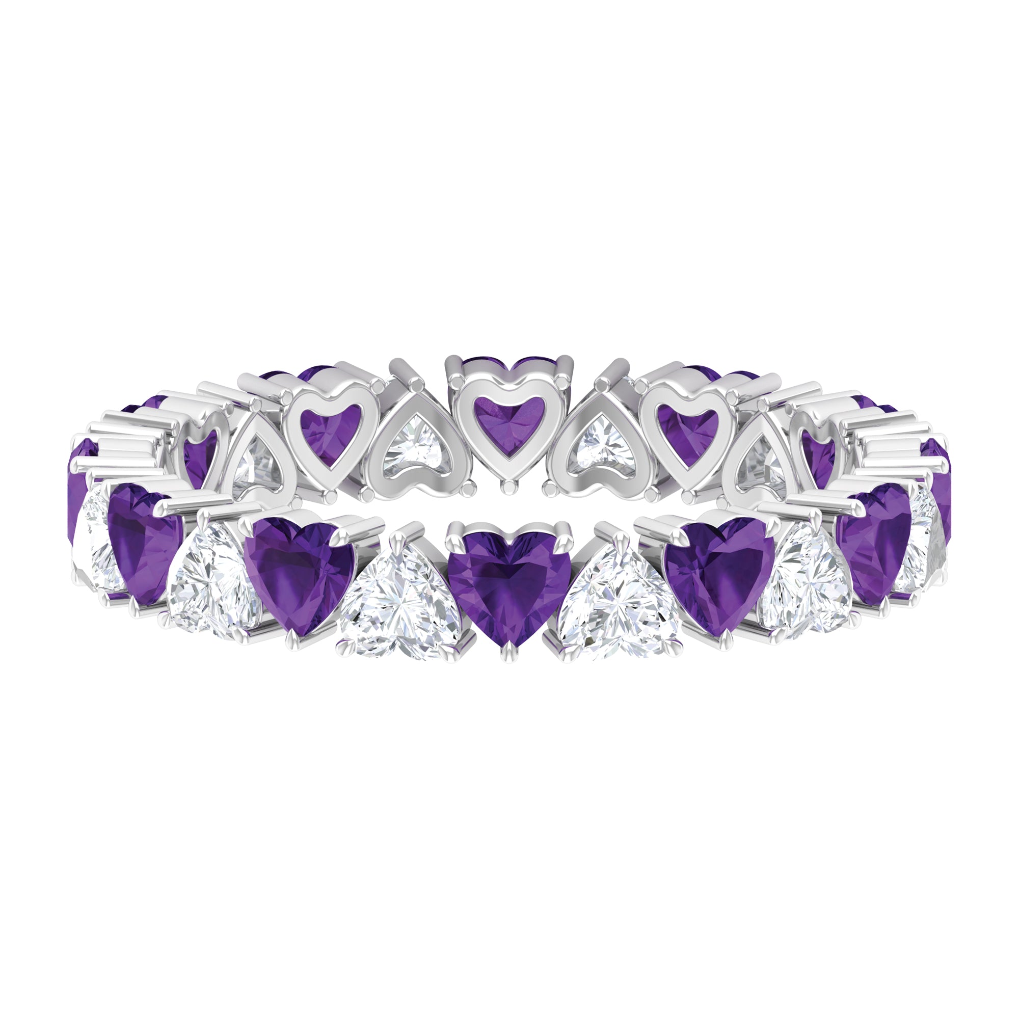 Heart Shape Purple Amethyst and Moissanite Eternity Ring in Claw Setting Amethyst - ( AAA ) - Quality 92.5 Sterling Silver 4.0 - Rosec Jewels