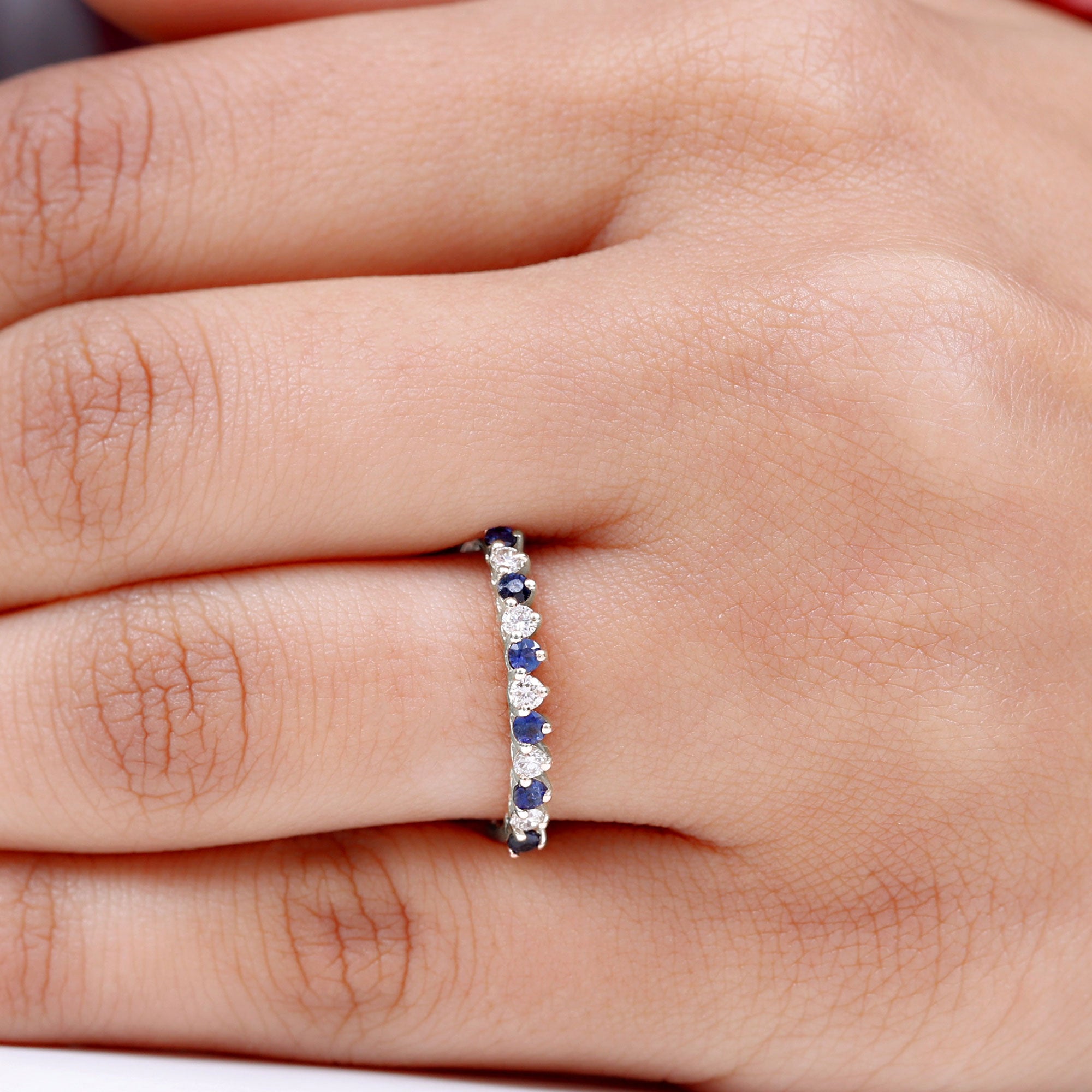 Round Shape Blue Sapphire and Moissanite Stackable Ring Blue Sapphire - ( AAA ) - Quality - Rosec Jewels