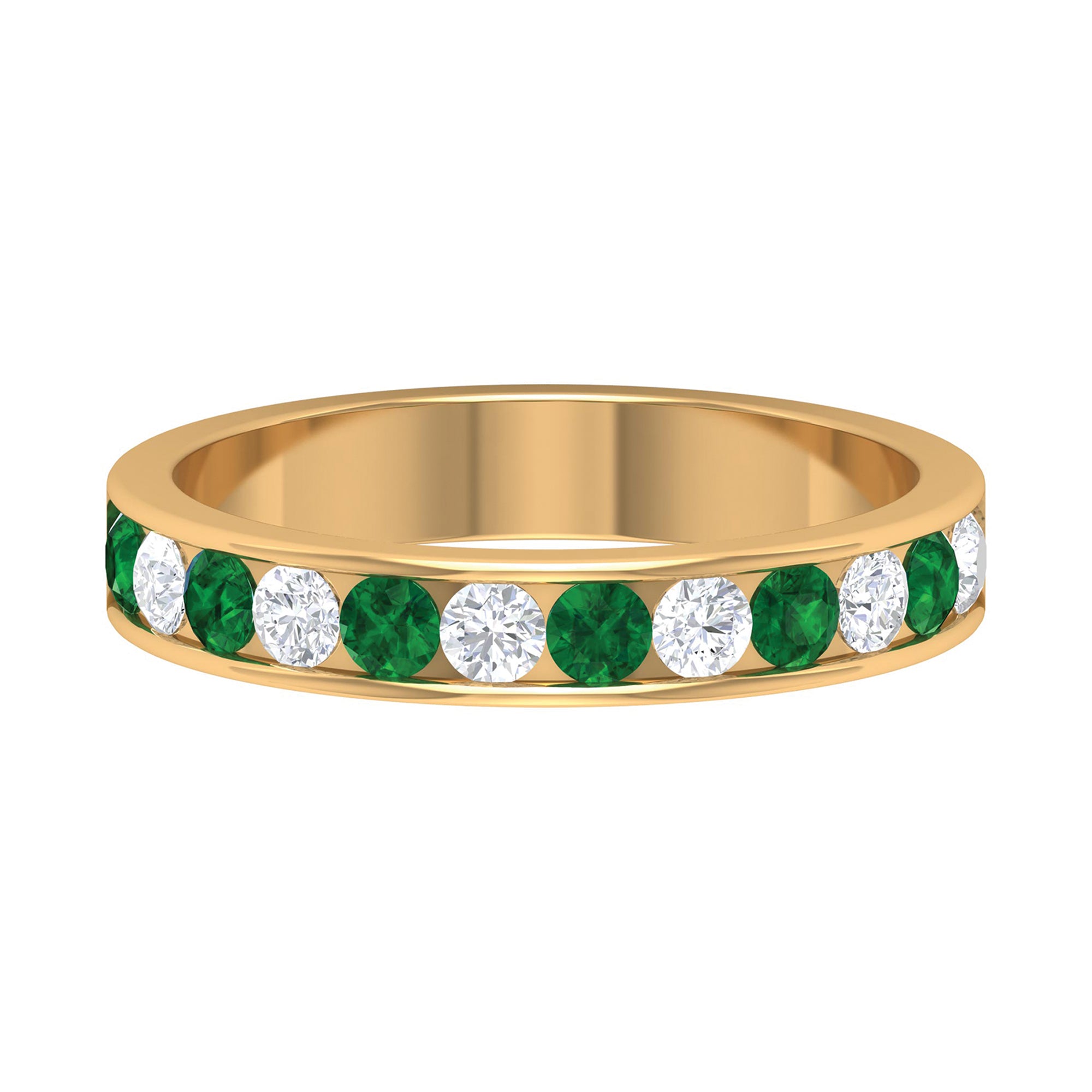 Emerald and Diamond Semi Eternity Band Ring Emerald - ( AAA ) - Quality - Rosec Jewels