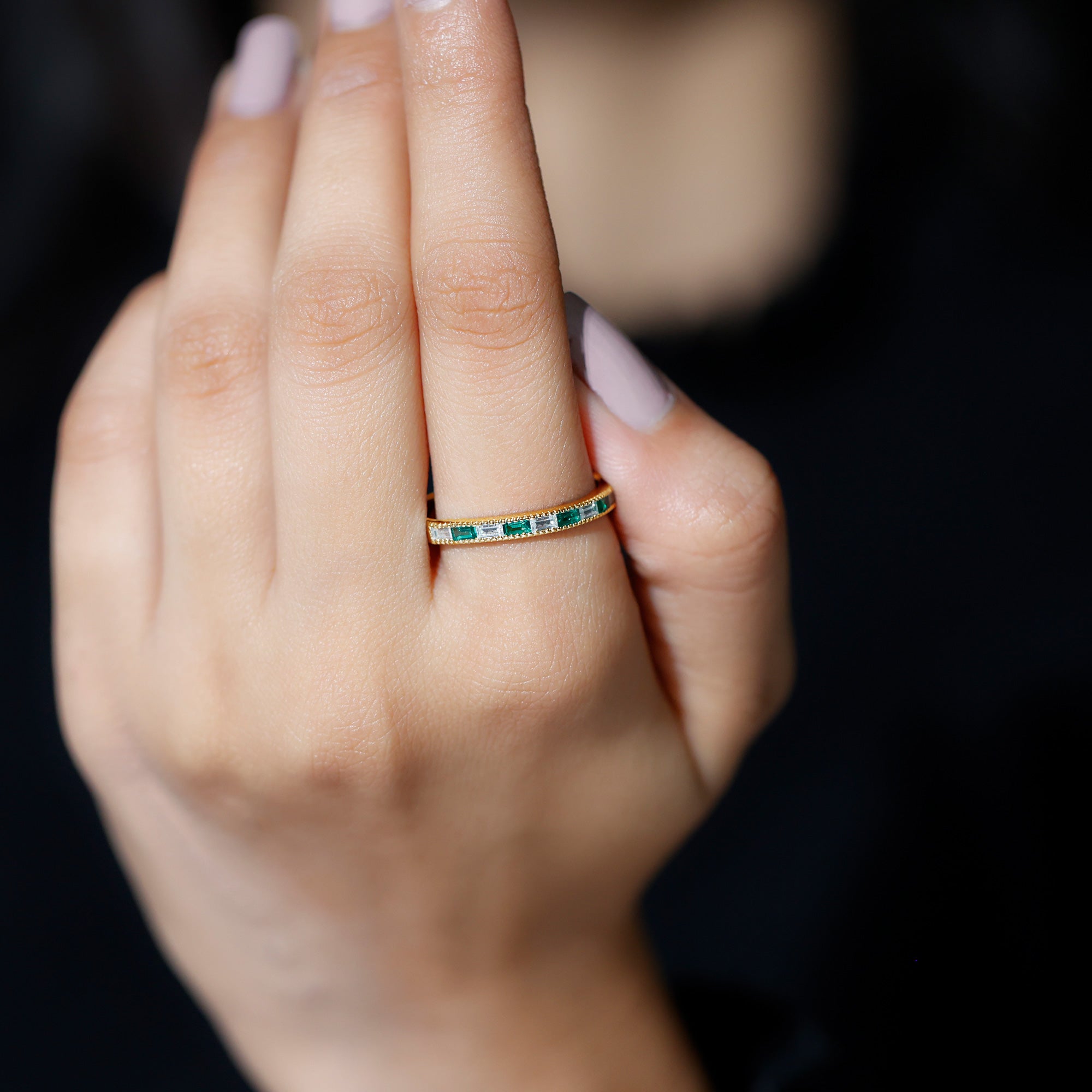 Baguette Cut Lab Grown Emerald and Diamond Band Ring Lab Created Emerald - ( AAAA ) - Quality - Rosec Jewels