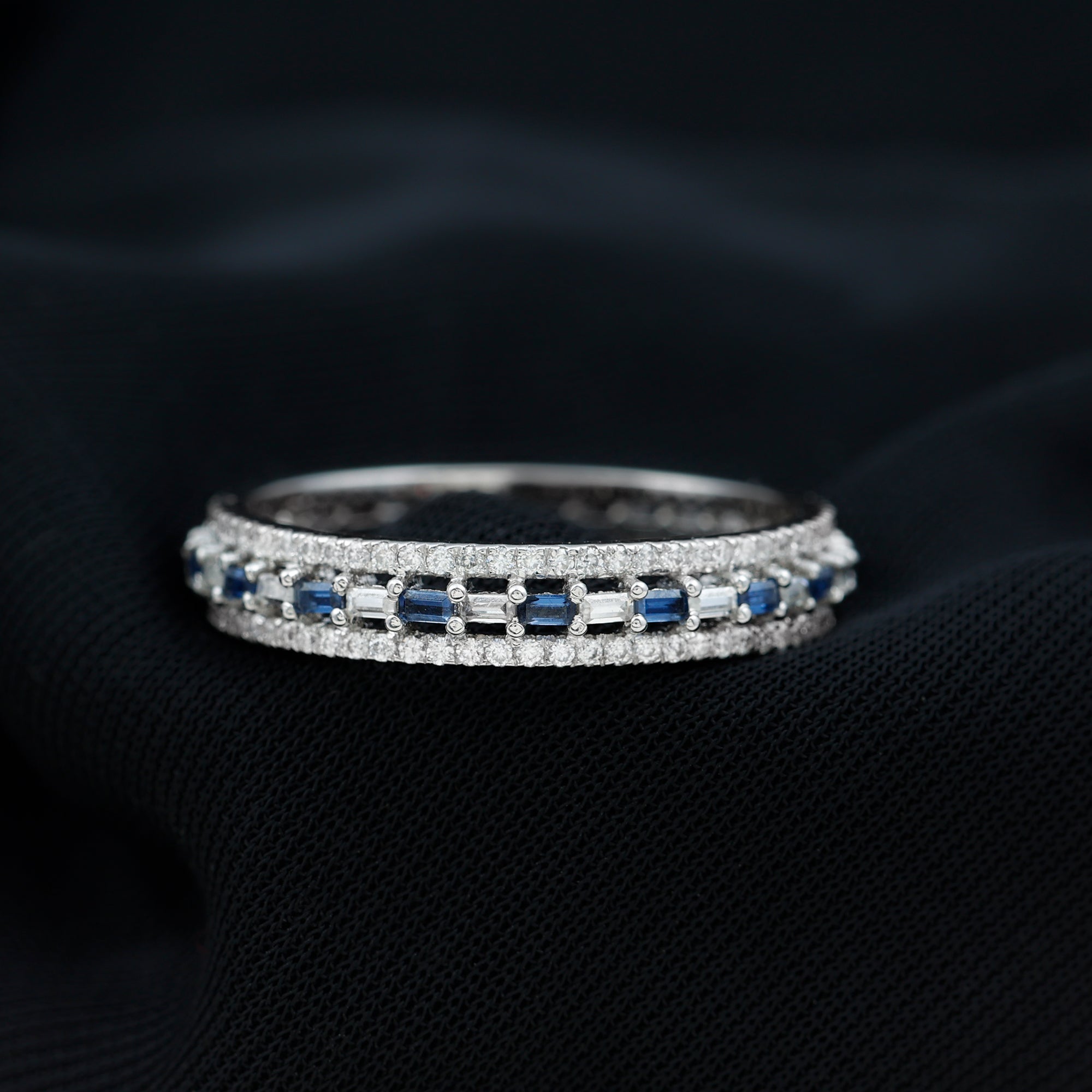 Baguette Cut Lab Grown Blue Sapphire and Moissanite Wedding Band Lab Created Blue Sapphire - ( AAAA ) - Quality - Rosec Jewels