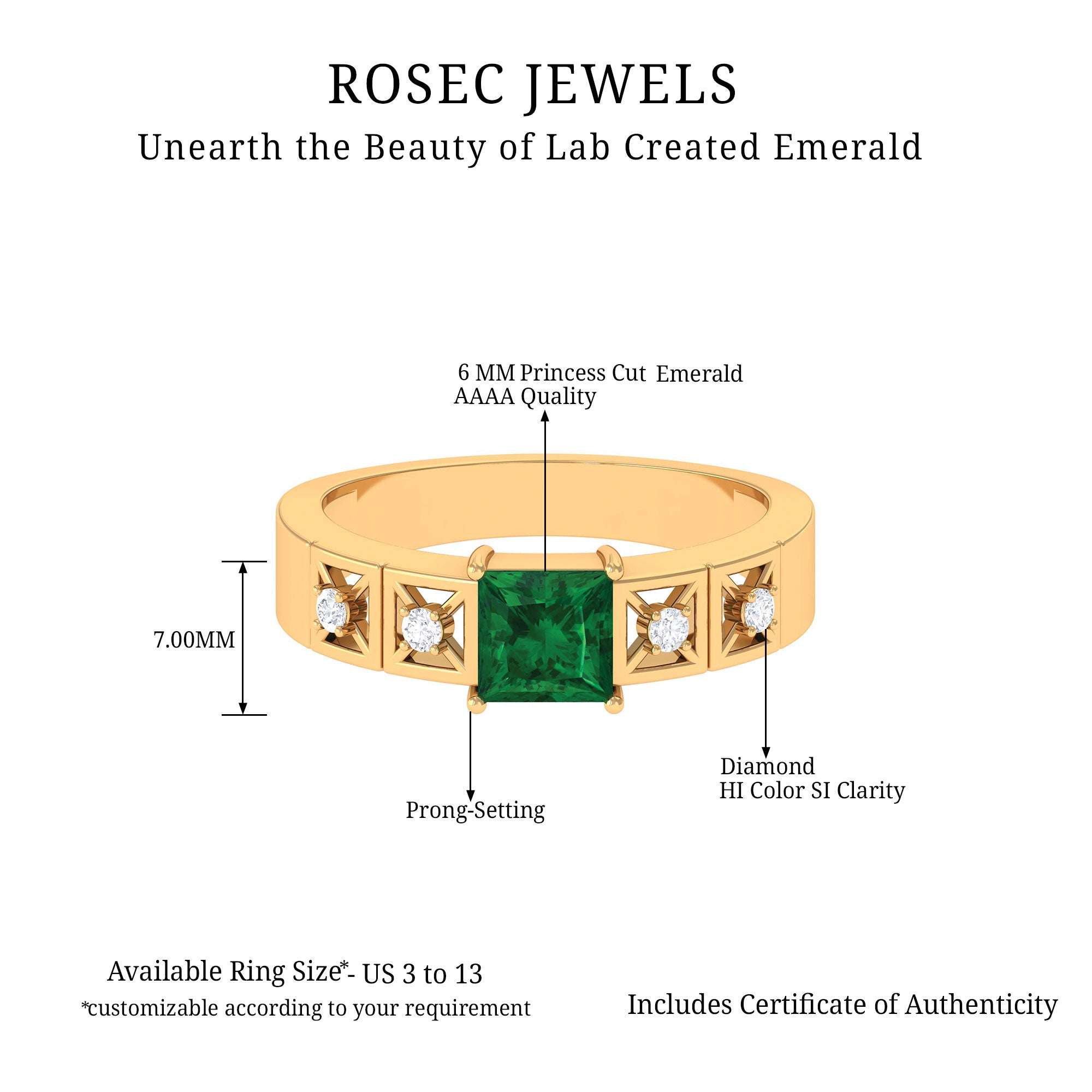 Princess Cut Lab Grown Emerald and Diamond Wedding Band Ring Lab Created Emerald - ( AAAA ) - Quality - Rosec Jewels