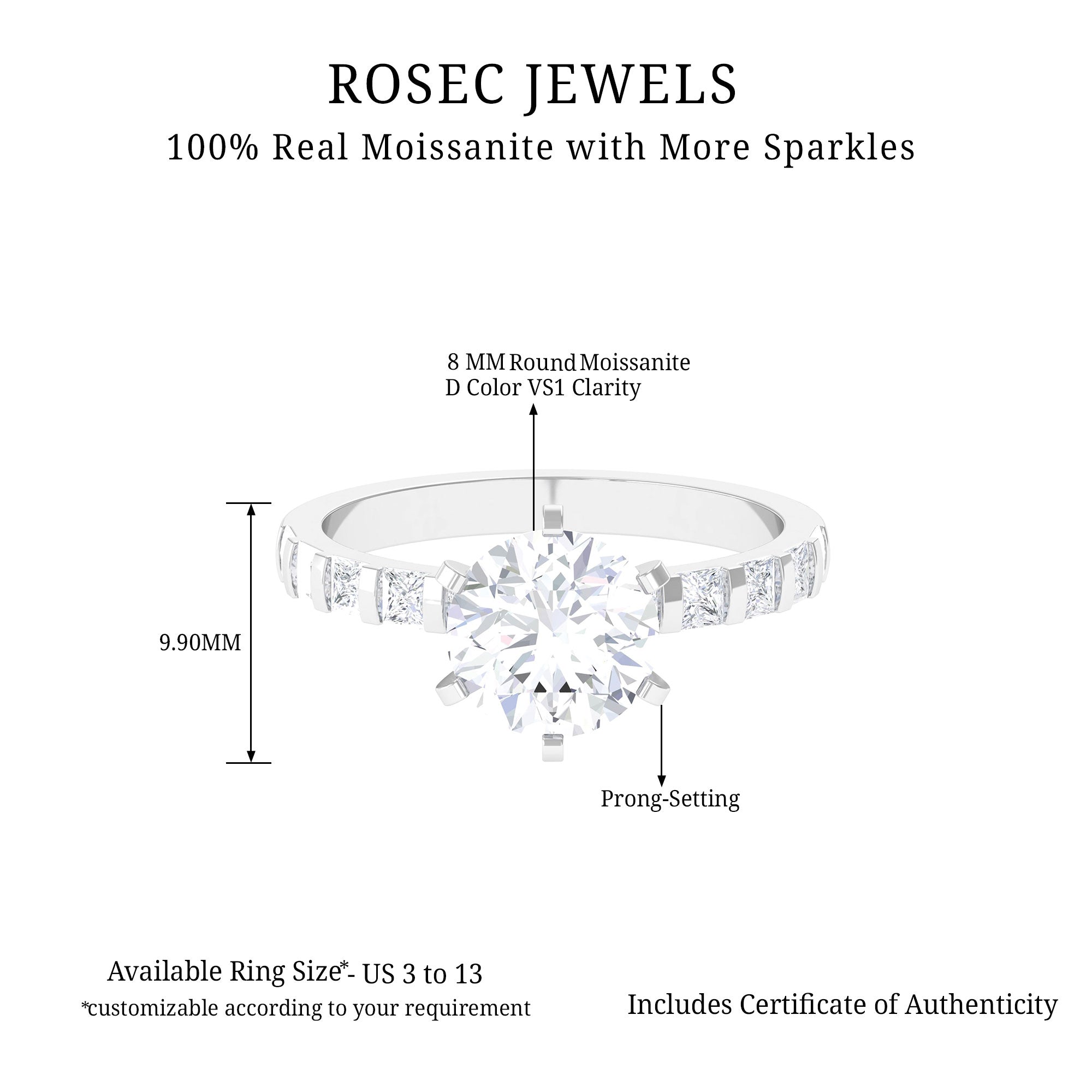 Round Moissanite Solitaire Engagement Ring with Princess Cut Side Stones Moissanite - ( D-VS1 ) - Color and Clarity - Rosec Jewels