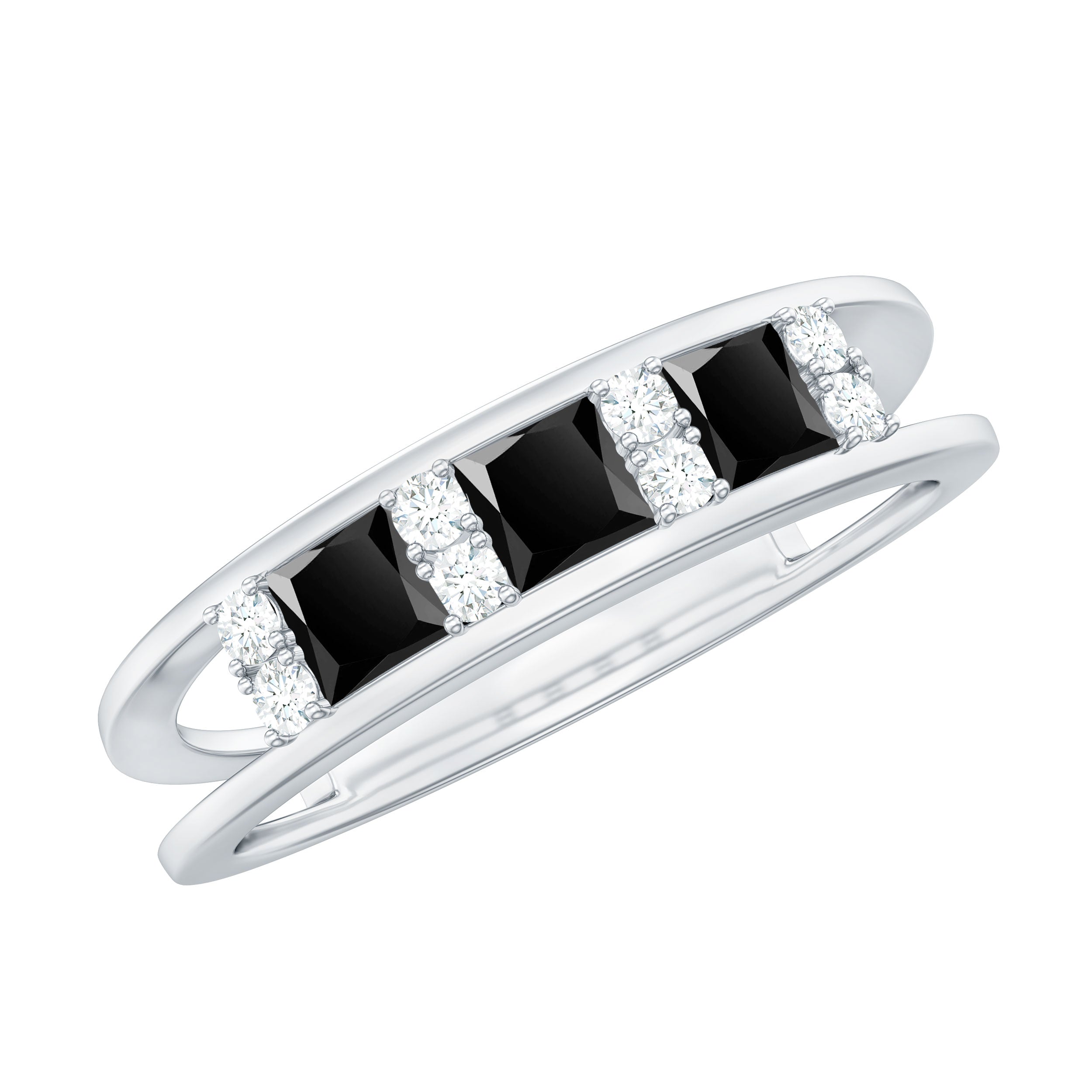 Princess Cut Lab Created Black Diamond Band Ring with Diamond Lab Created Black Diamond - ( AAAA ) - Quality - Rosec Jewels