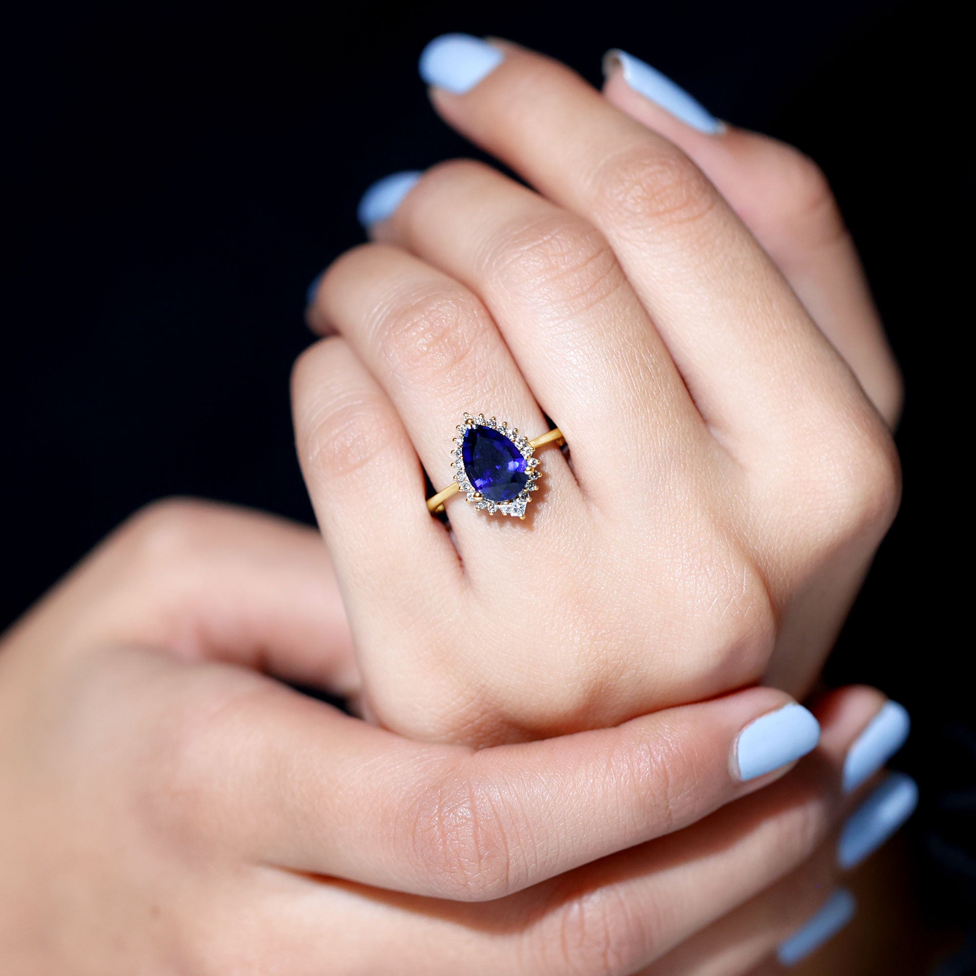 Pear Created Blue Sapphire Cocktail Halo Ring with Diamond Lab Created Blue Sapphire - ( AAAA ) - Quality - Rosec Jewels