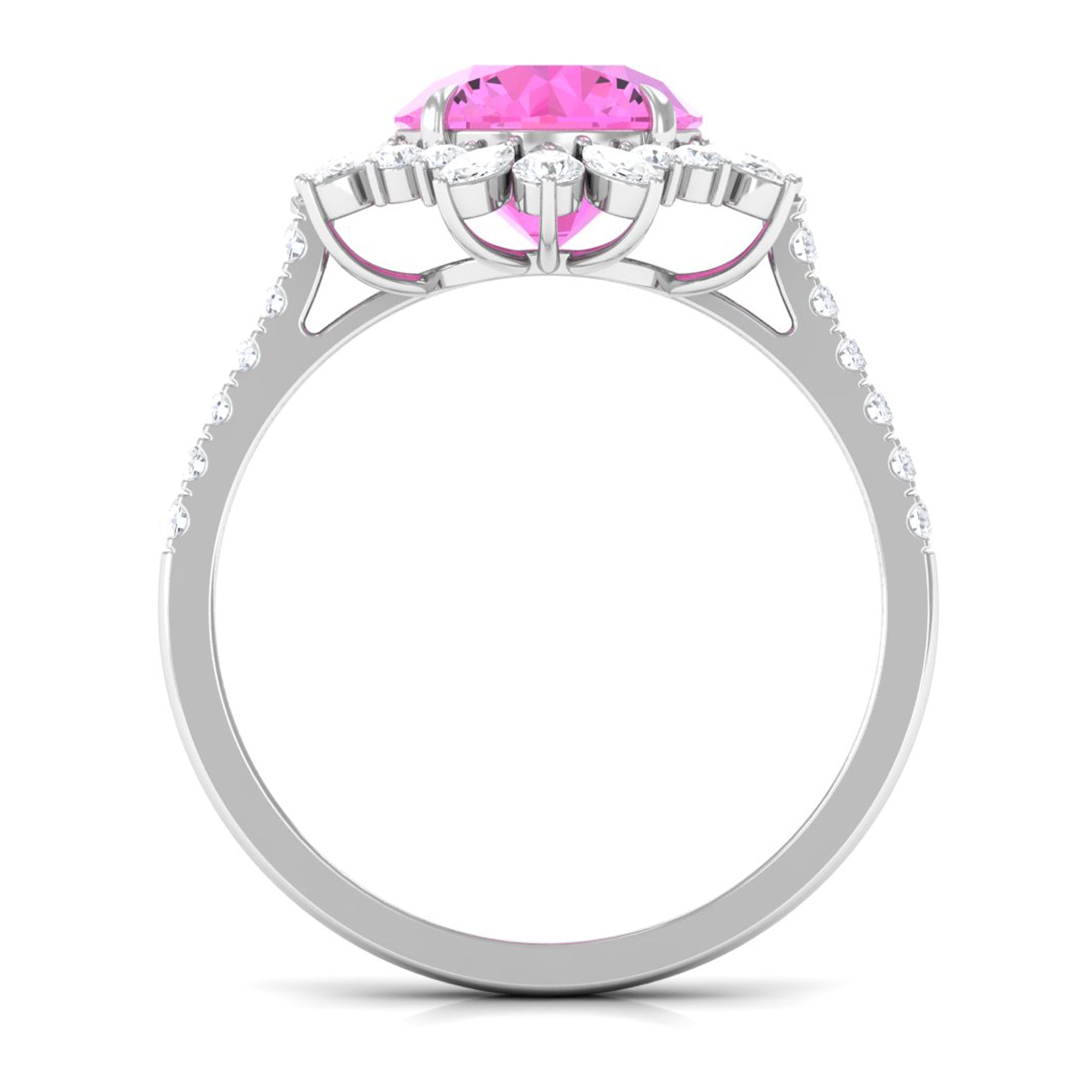 Created Pink Sapphire Cocktail Ring with Moissanite Floral Halo Lab Created Pink Sapphire - ( AAAA ) - Quality - Rosec Jewels