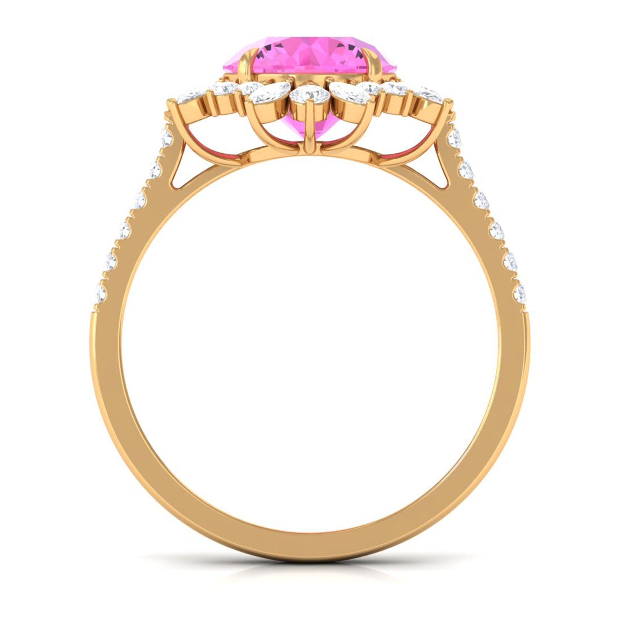 Created Pink Sapphire Cocktail Ring with Moissanite Floral Halo Lab Created Pink Sapphire - ( AAAA ) - Quality - Rosec Jewels