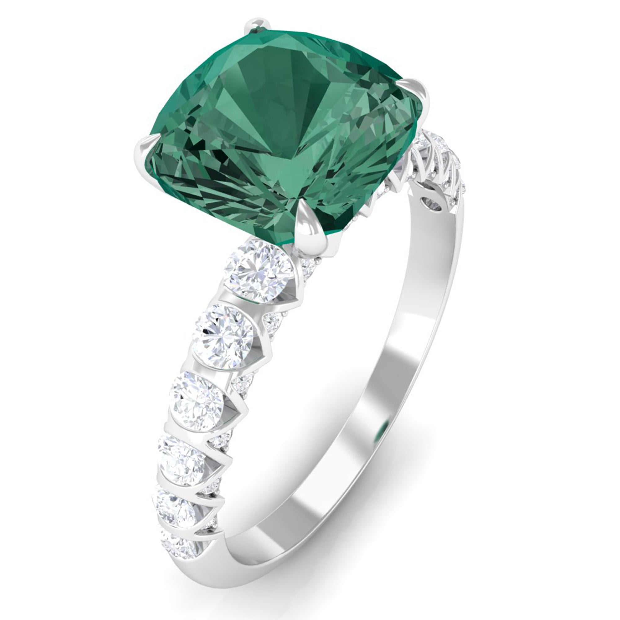 Cushion Cut Created Green Sapphire Engagement Ring with Moissanite Lab Created Green Sapphire - ( AAAA ) - Quality - Rosec Jewels