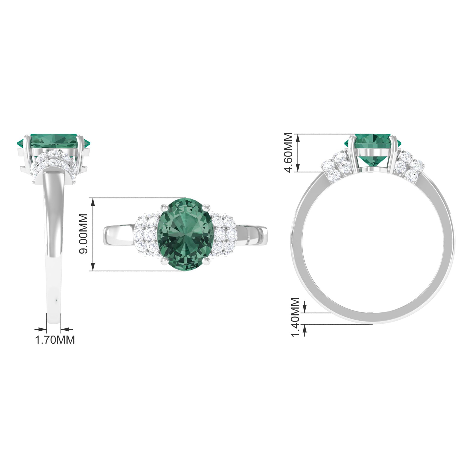 Oval Created Green Sapphire Engagement Ring with Moissanite Accent Lab Created Green Sapphire - ( AAAA ) - Quality - Rosec Jewels