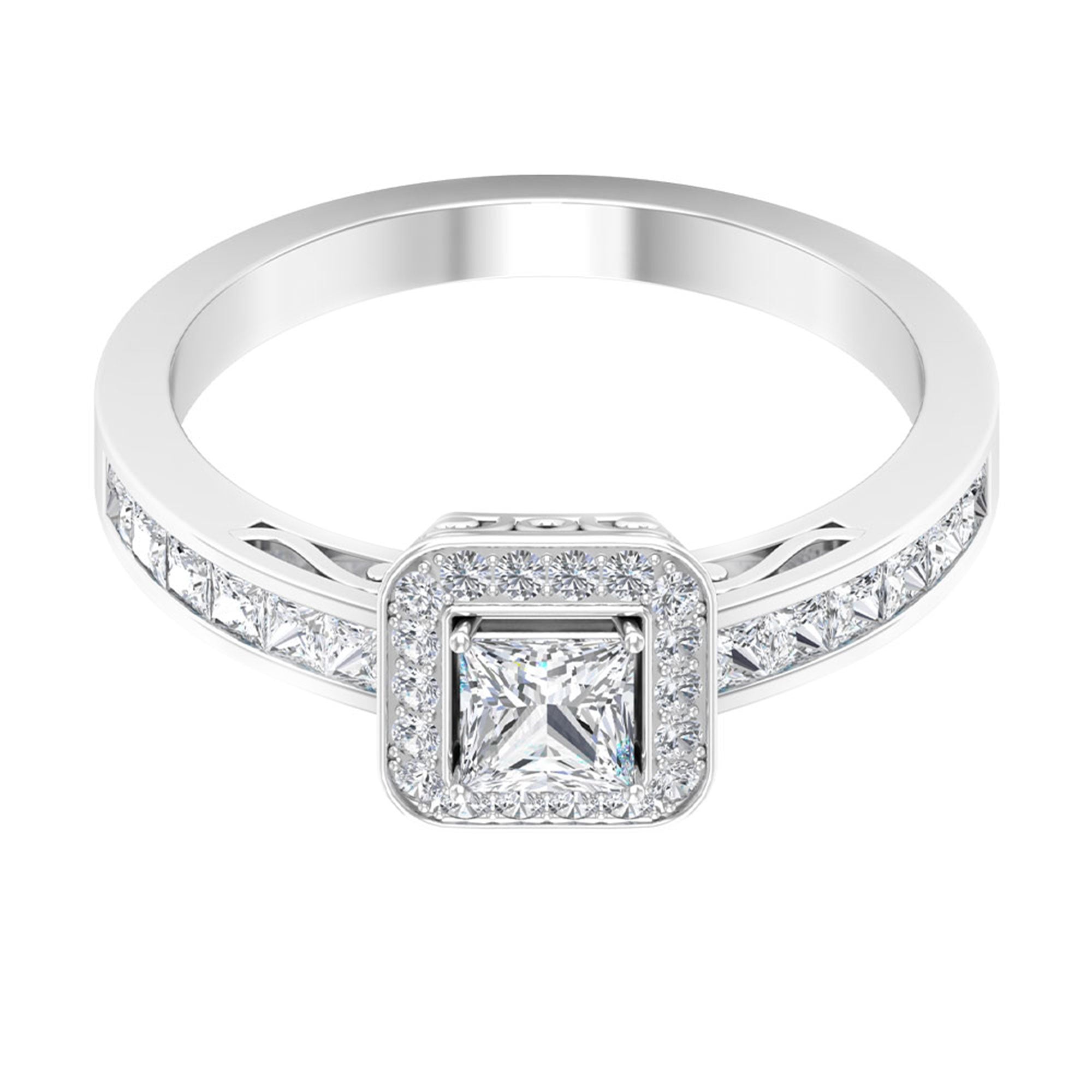 1.25 Ct Halo Solitaire Ring with Princess Cut Diamond Side Stone Diamond - ( HI-SI ) - Color and Clarity - Rosec Jewels