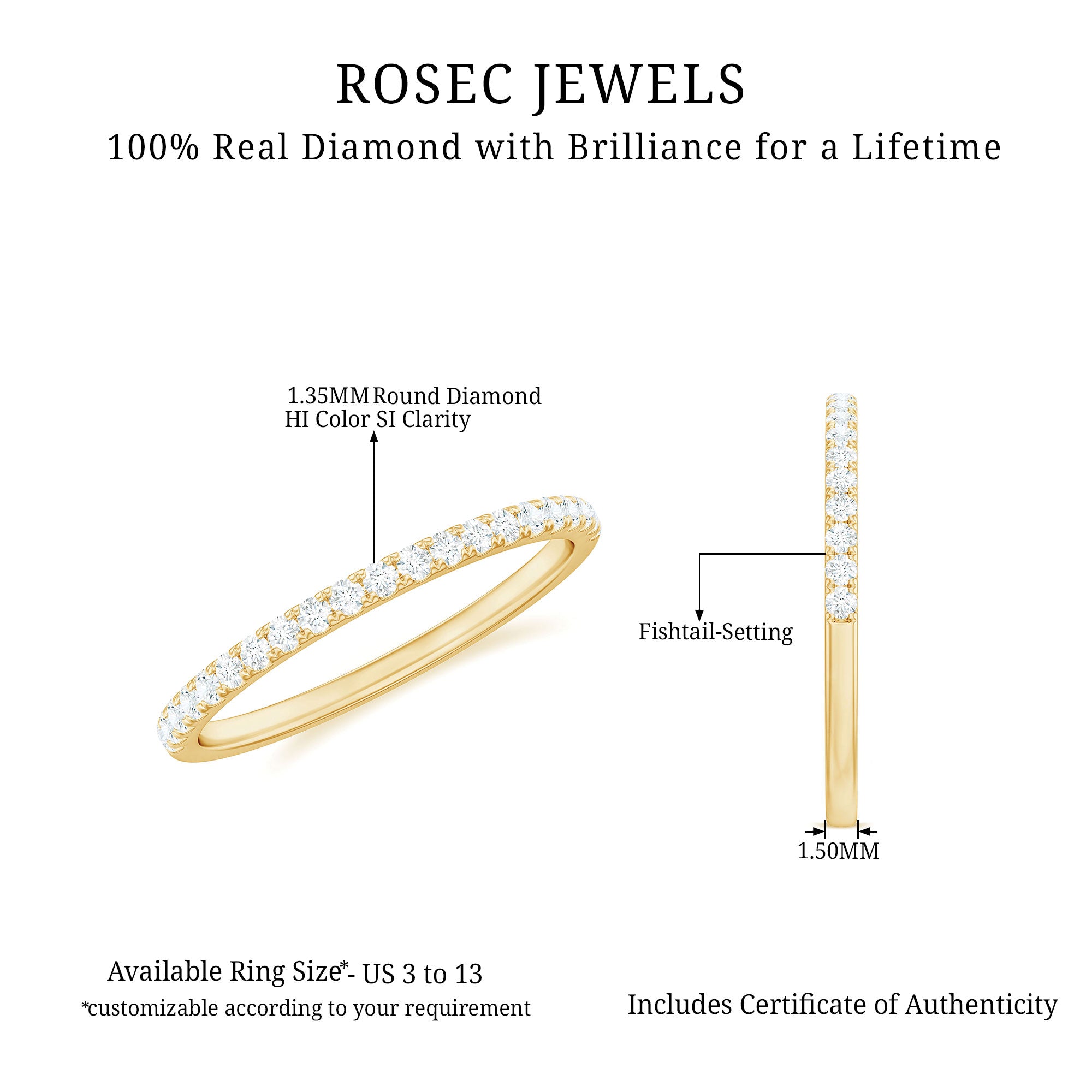 0.25 CT Stackable Diamond Eternity Ring in Fish Tail Setting Diamond - ( HI-SI ) - Color and Clarity - Rosec Jewels