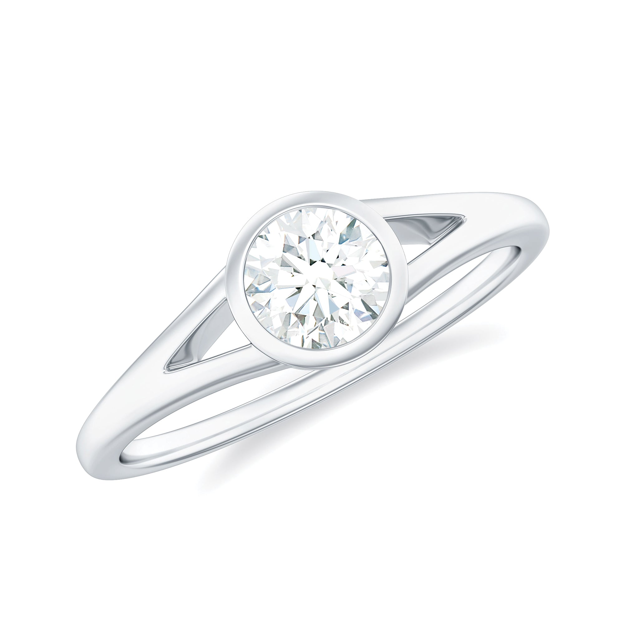 Bezel Set Round Moissanite Solitaire Promise Ring in Split Shank Moissanite - ( D-VS1 ) - Color and Clarity - Rosec Jewels