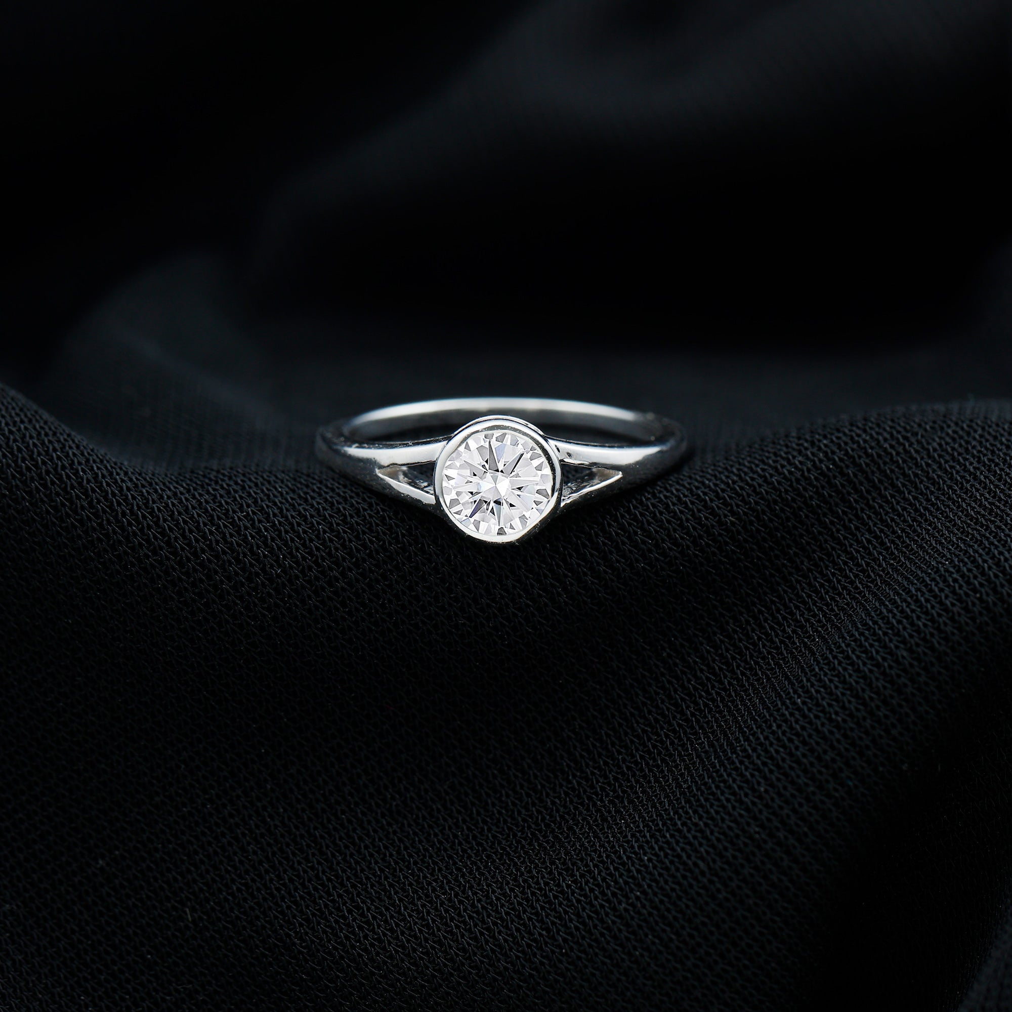 Bezel Set Round Moissanite Solitaire Promise Ring in Split Shank Moissanite - ( D-VS1 ) - Color and Clarity - Rosec Jewels