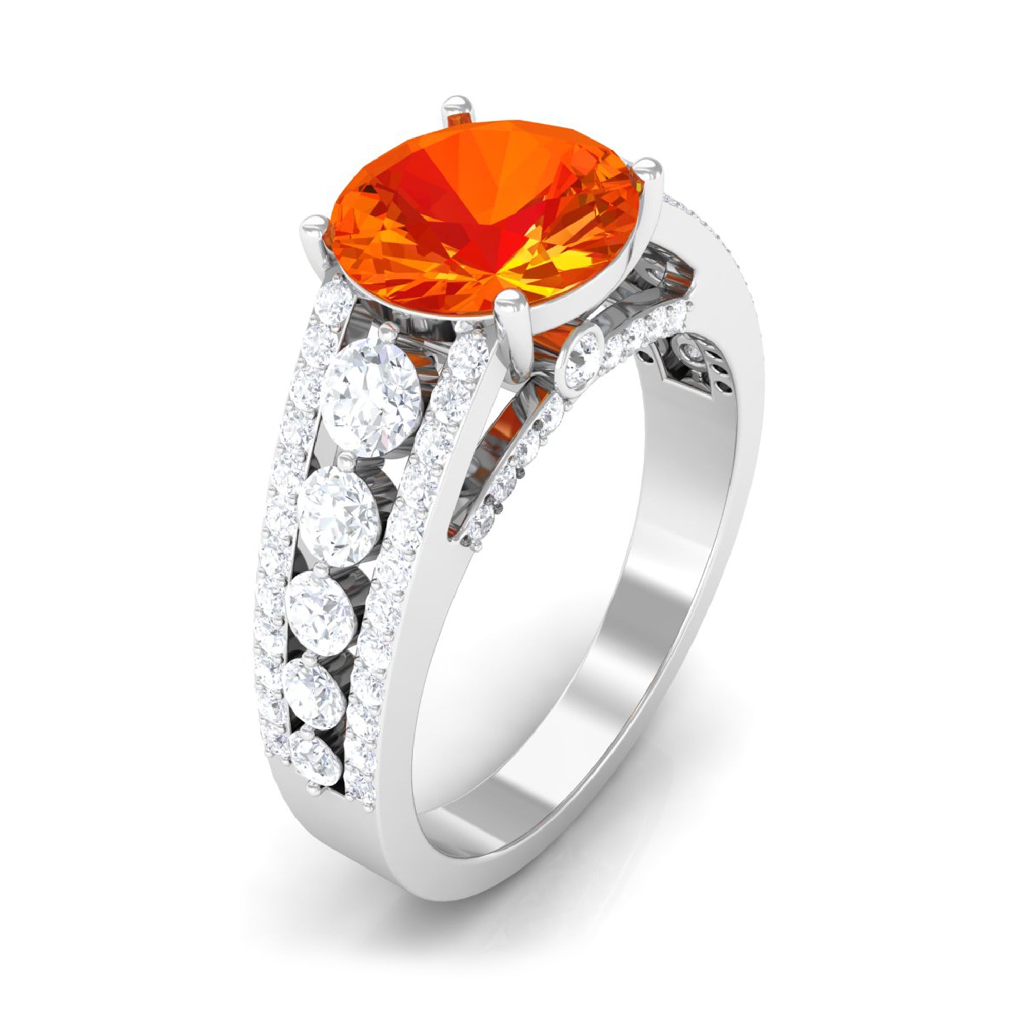 Lab Created Orange Sapphire and Moissanite Engagement Ring Lab Created Orange Sapphire - ( AAAA ) - Quality - Rosec Jewels