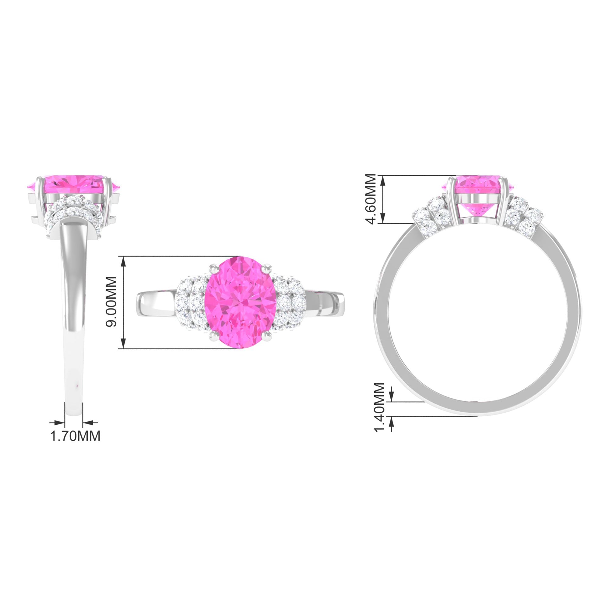 Created Pink Sapphire Oval Engagement Ring with Diamond Accent Lab Created Pink Sapphire - ( AAAA ) - Quality - Rosec Jewels