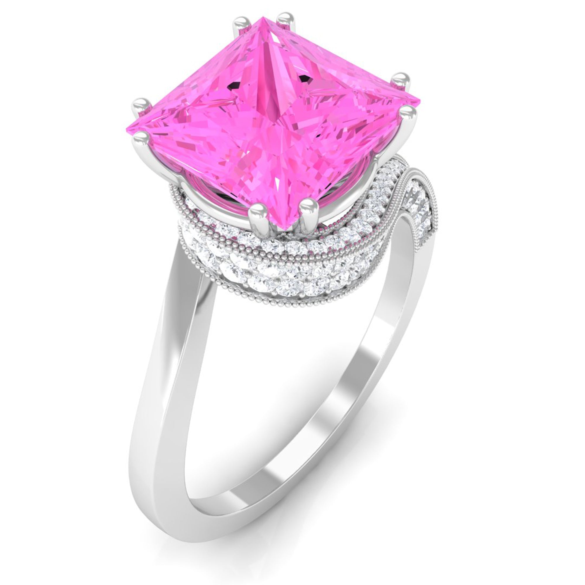 Created Pink Sapphire Solitaire Bypass Engagement Ring with Diamond Lab Created Pink Sapphire - ( AAAA ) - Quality - Rosec Jewels