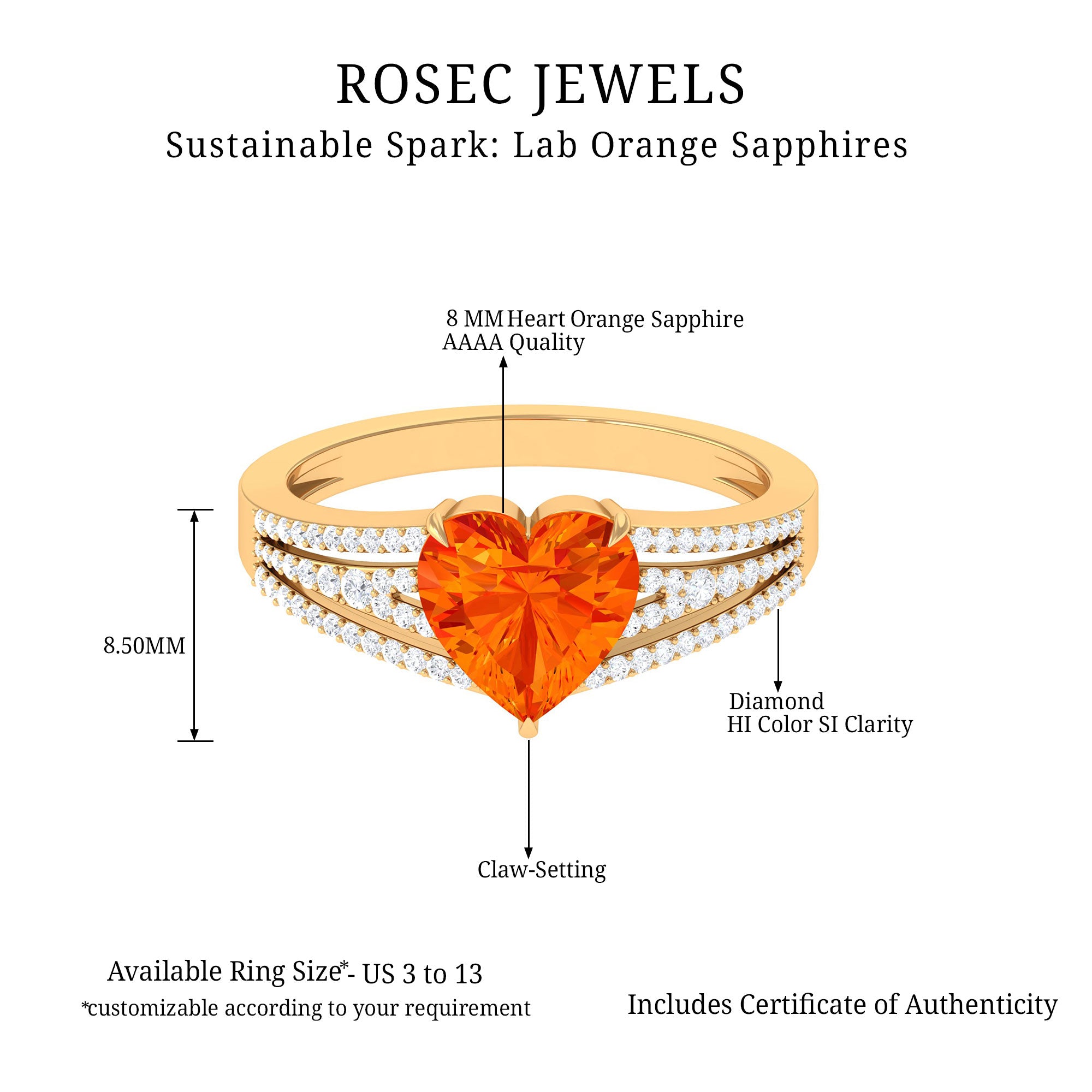 Created Orange Sapphire Heart Engagement Ring with Diamond Lab Created Orange Sapphire - ( AAAA ) - Quality - Rosec Jewels