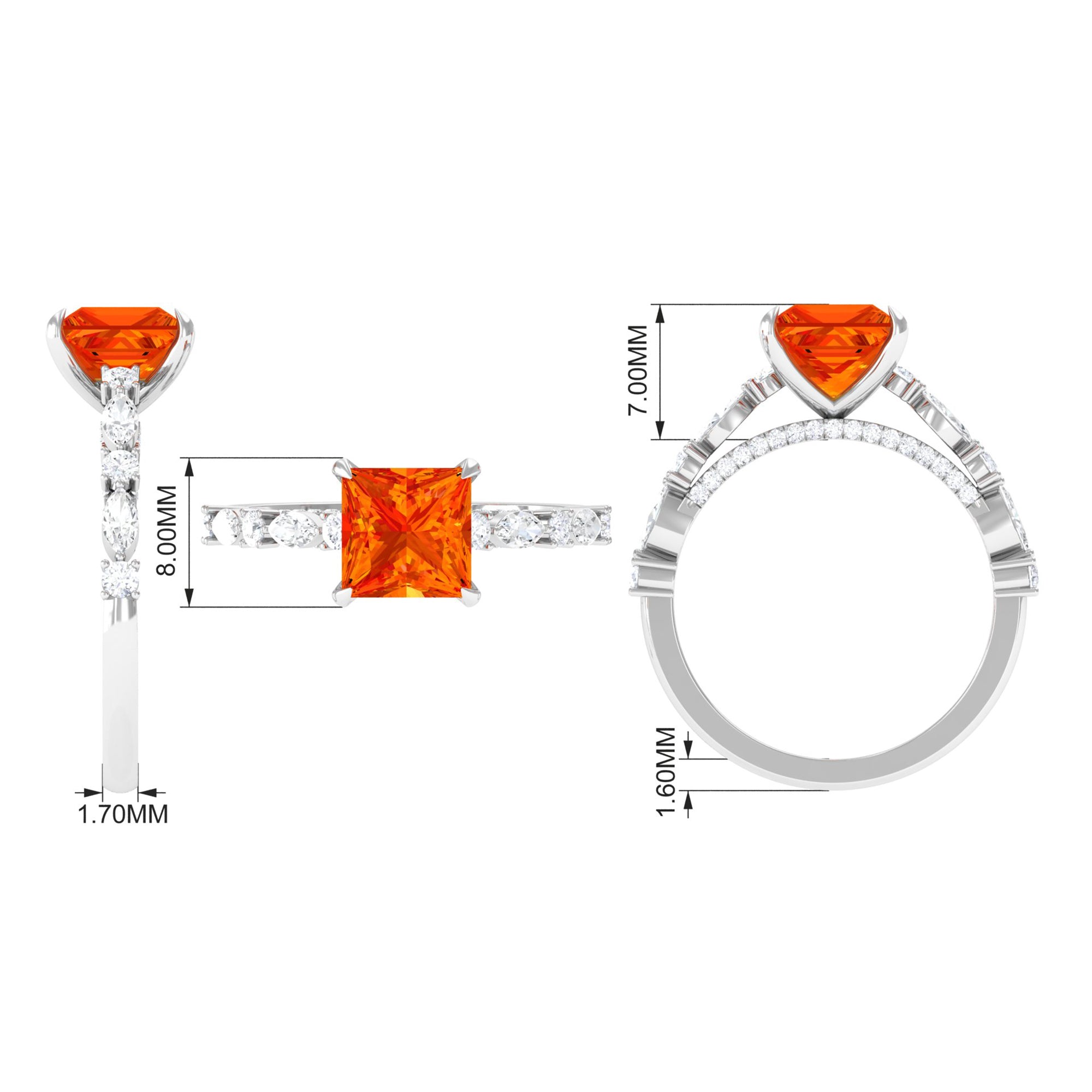 Princess Cut Lab Grown Orange Sapphire Engagement Ring with Moissanite Lab Created Orange Sapphire - ( AAAA ) - Quality - Rosec Jewels