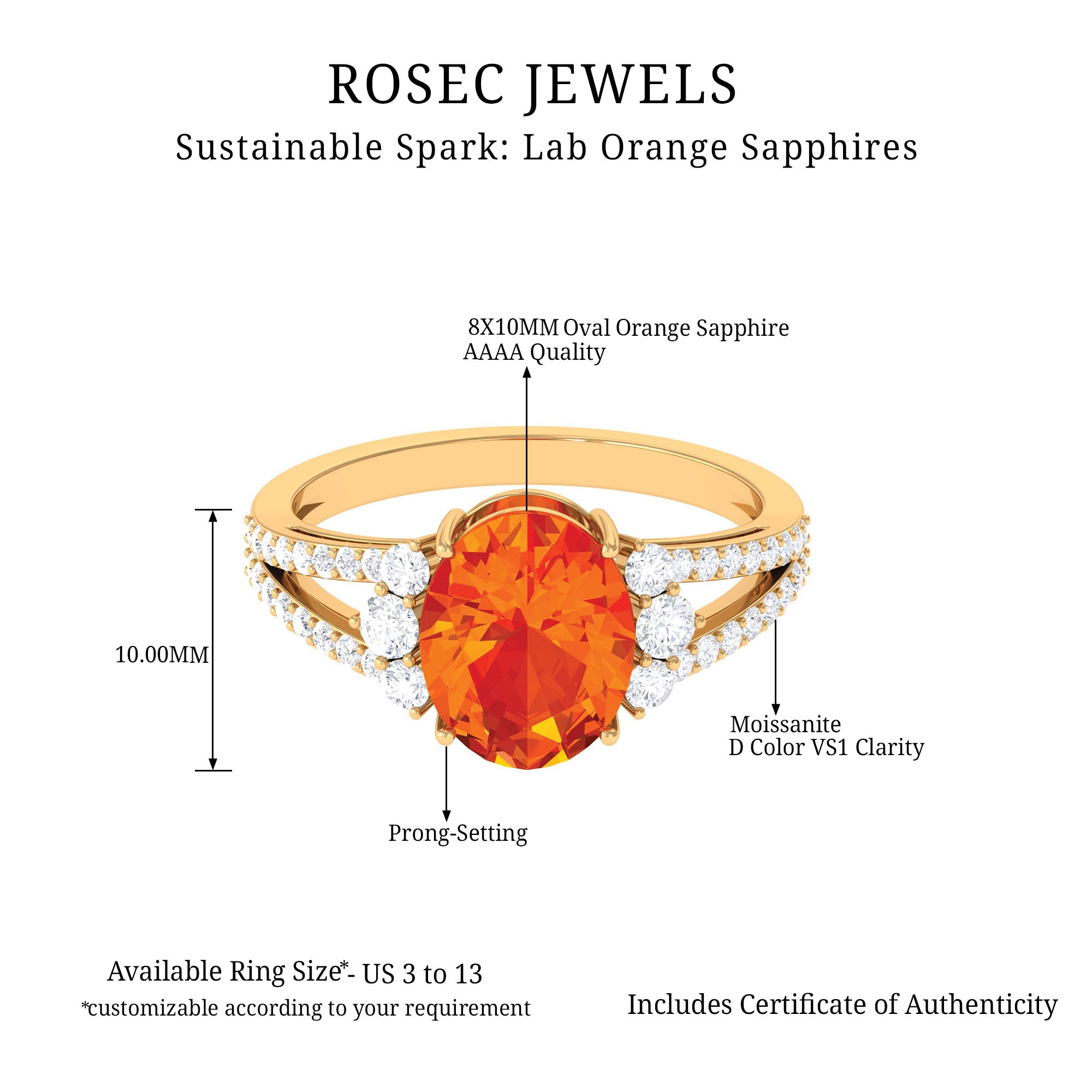 Classic Lab Created Orange Sapphire Oval Engagement Ring With Moissanite Lab Created Orange Sapphire - ( AAAA ) - Quality - Rosec Jewels