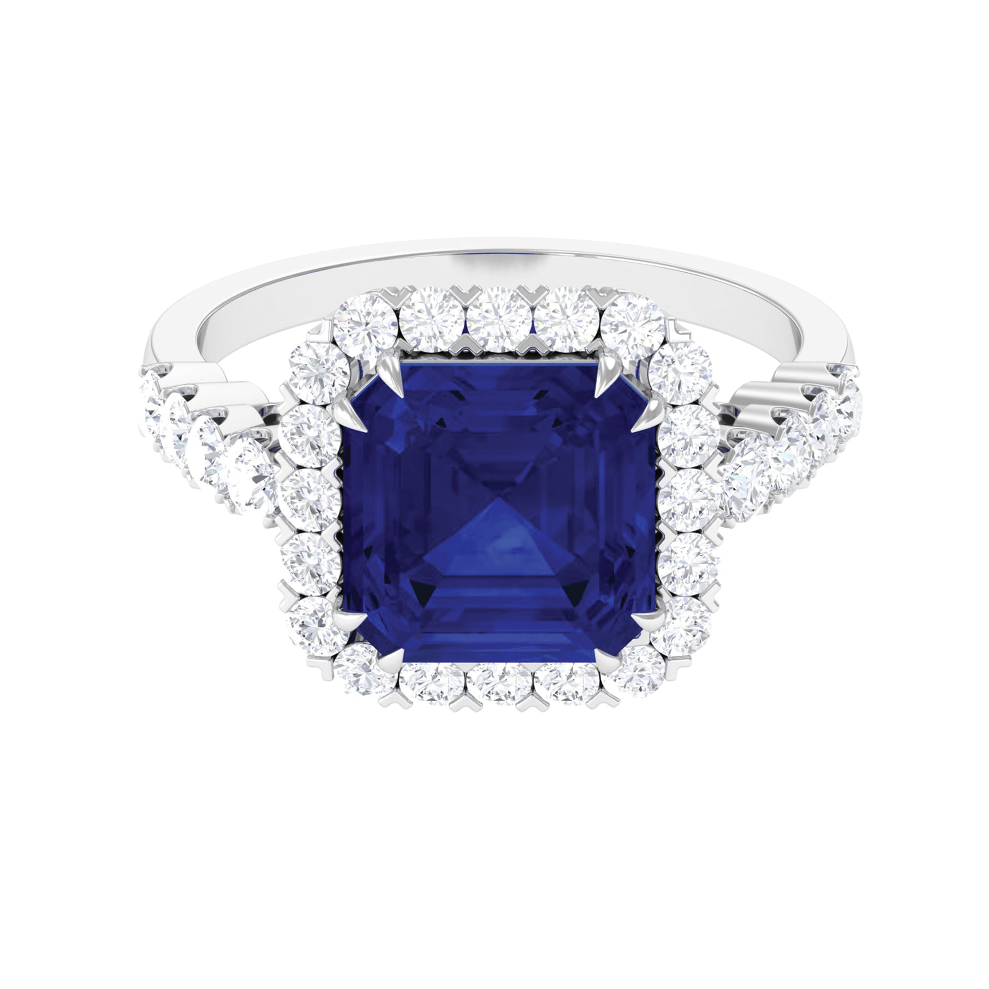 Created Blue Sapphire and Diamond Halo Engagement Ring Lab Created Blue Sapphire - ( AAAA ) - Quality - Rosec Jewels