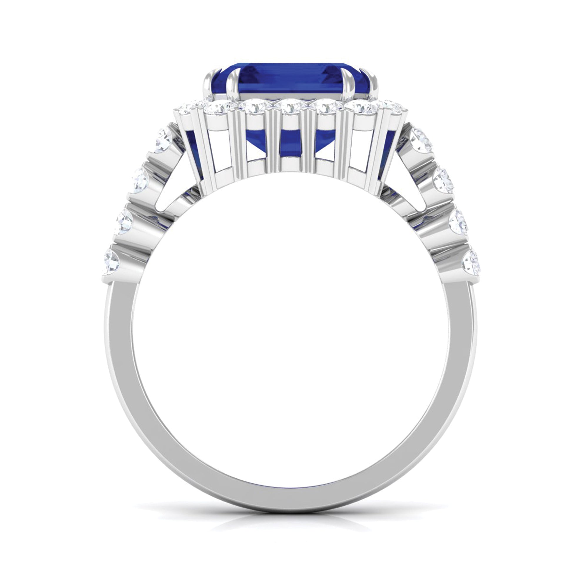 Created Blue Sapphire and Diamond Halo Engagement Ring Lab Created Blue Sapphire - ( AAAA ) - Quality - Rosec Jewels