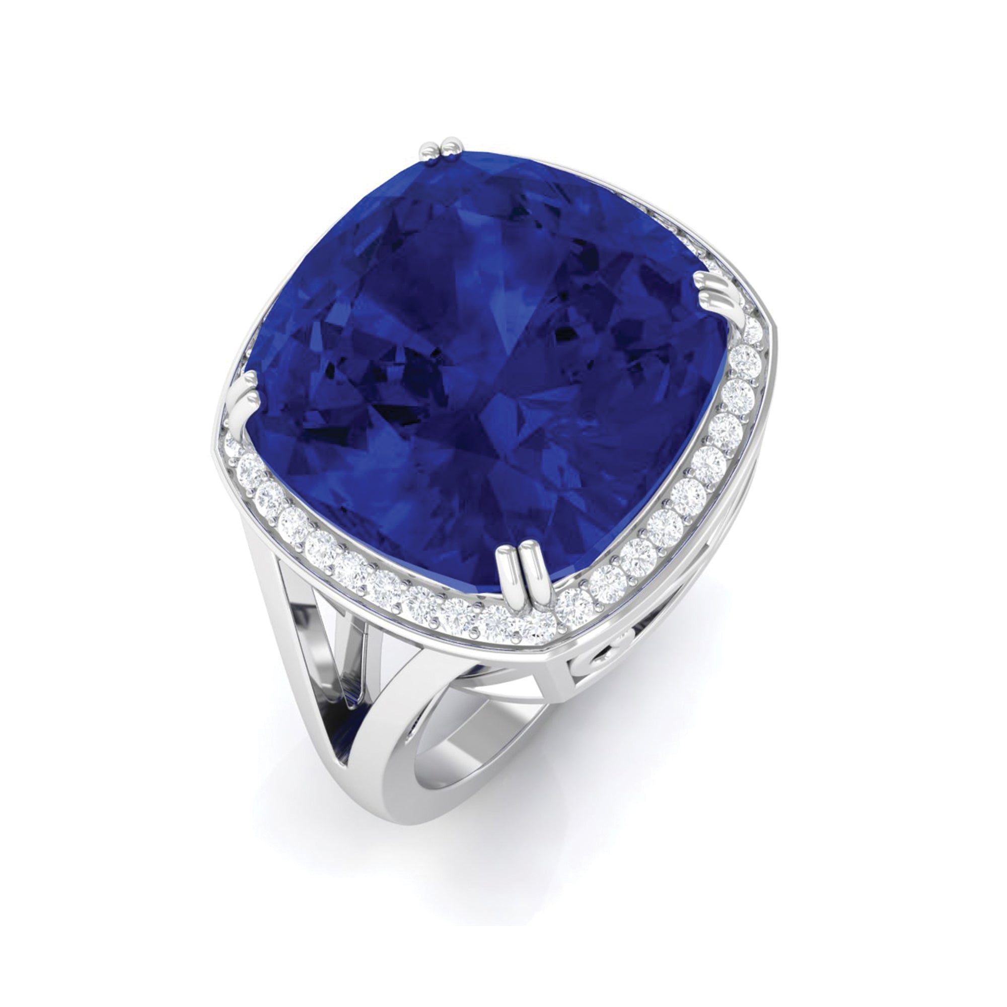 Cushion Cut Lab Grown Blue Sapphire Engagement Ring with Diamond Lab Created Blue Sapphire - ( AAAA ) - Quality - Rosec Jewels